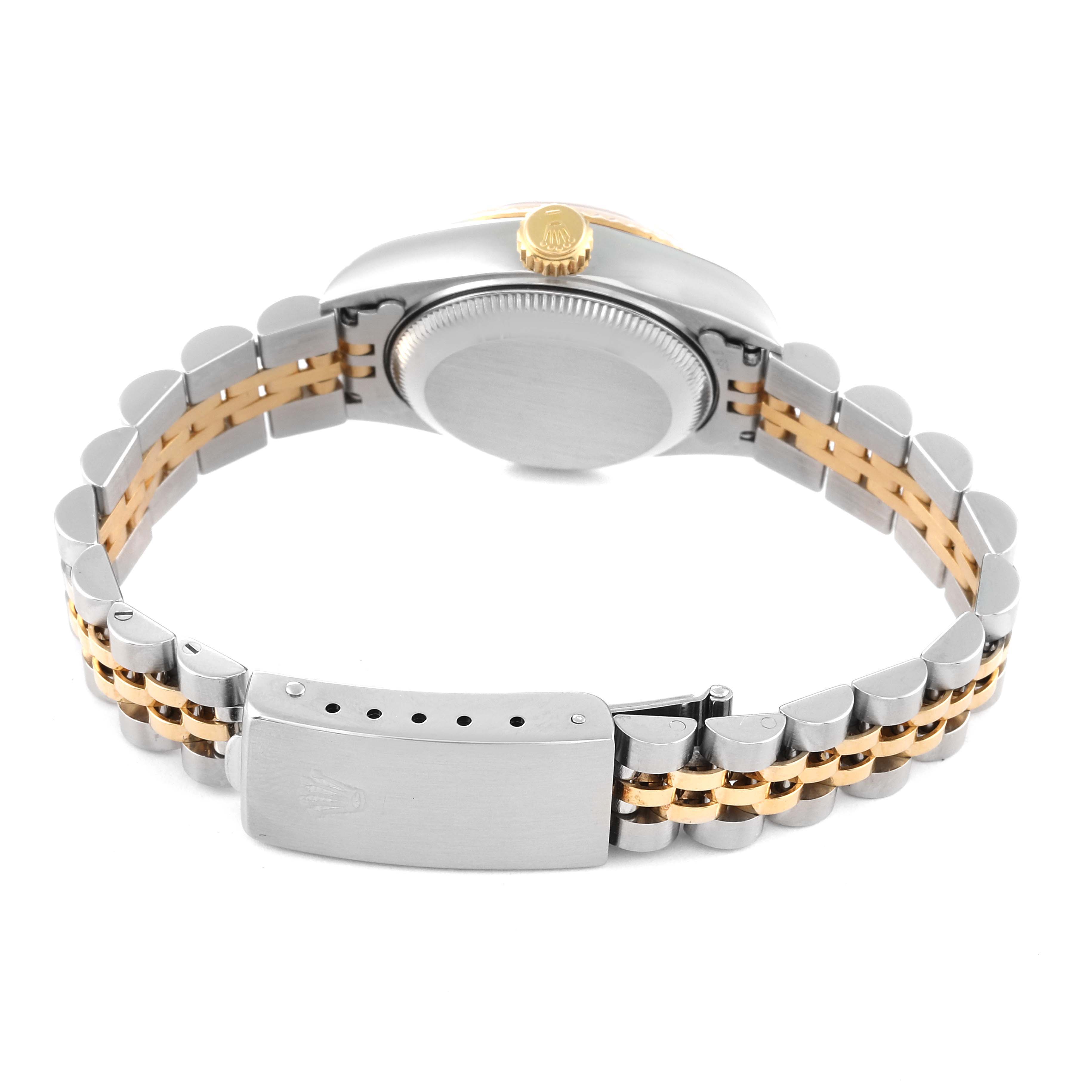 This image shows the back and side view of a Rolex Datejust 69173 Women's Steel and Gold (two tone) Champagne Dial 69173 Women's Steel and Gold (two tone) Champagne Dial watch, highlighting the case, crown, and two-tone bracelet with clasp.