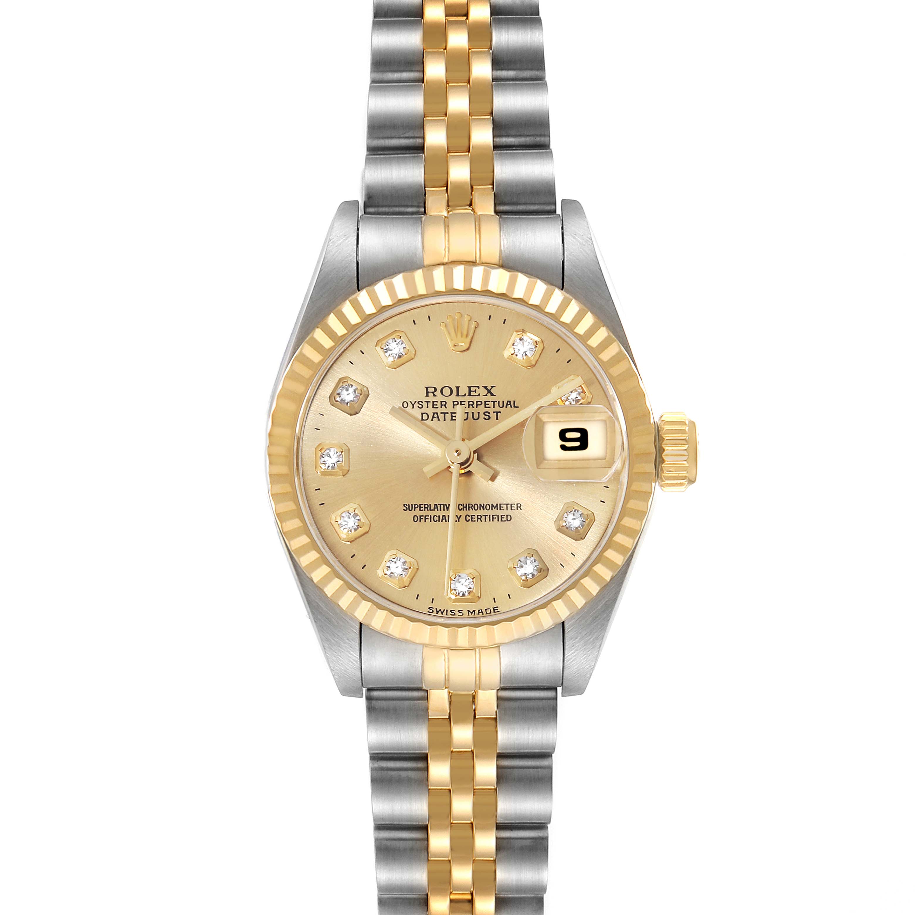 The image shows a Rolex Datejust 69173 Women's Steel and Gold (two tone) Champagne Dial 69173 Women's Steel and Gold (two tone) Champagne Dial watch head-on, displaying the dial, fluted bezel, and two-tone bracelet.