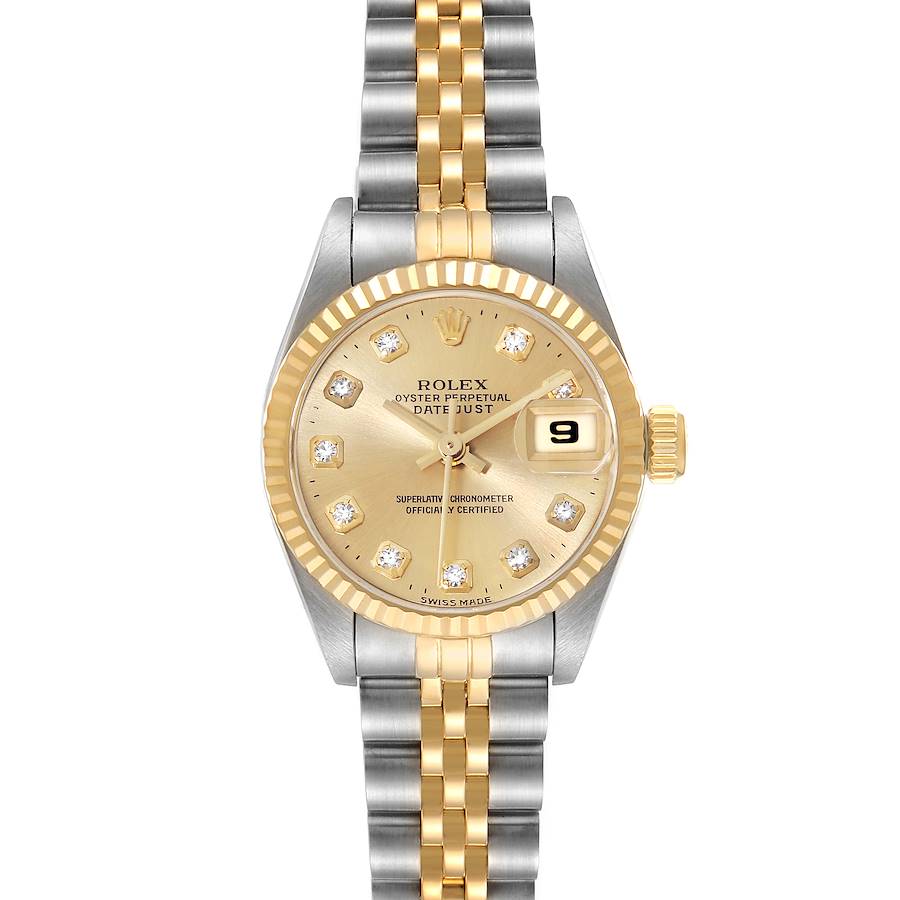 The image shows a Rolex Datejust watch head-on, displaying the dial, fluted bezel, and two-tone bracelet.