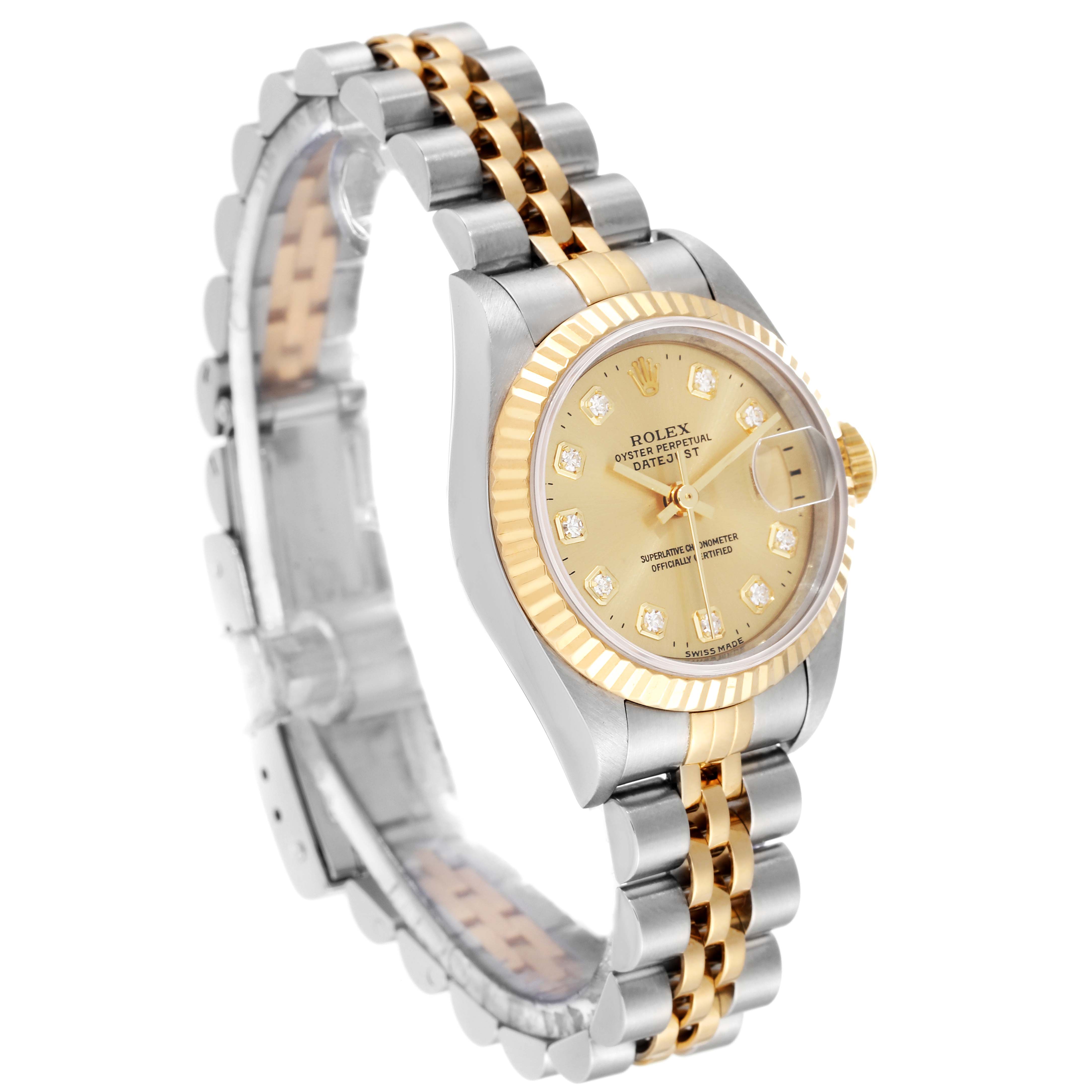 The image shows a Rolex Datejust 69173 Women's Steel and Gold (two tone) Champagne Dial 69173 Women's Steel and Gold (two tone) Champagne Dial watch at a 3/4 angle, displaying the face, bezel, and part of the bracelet.