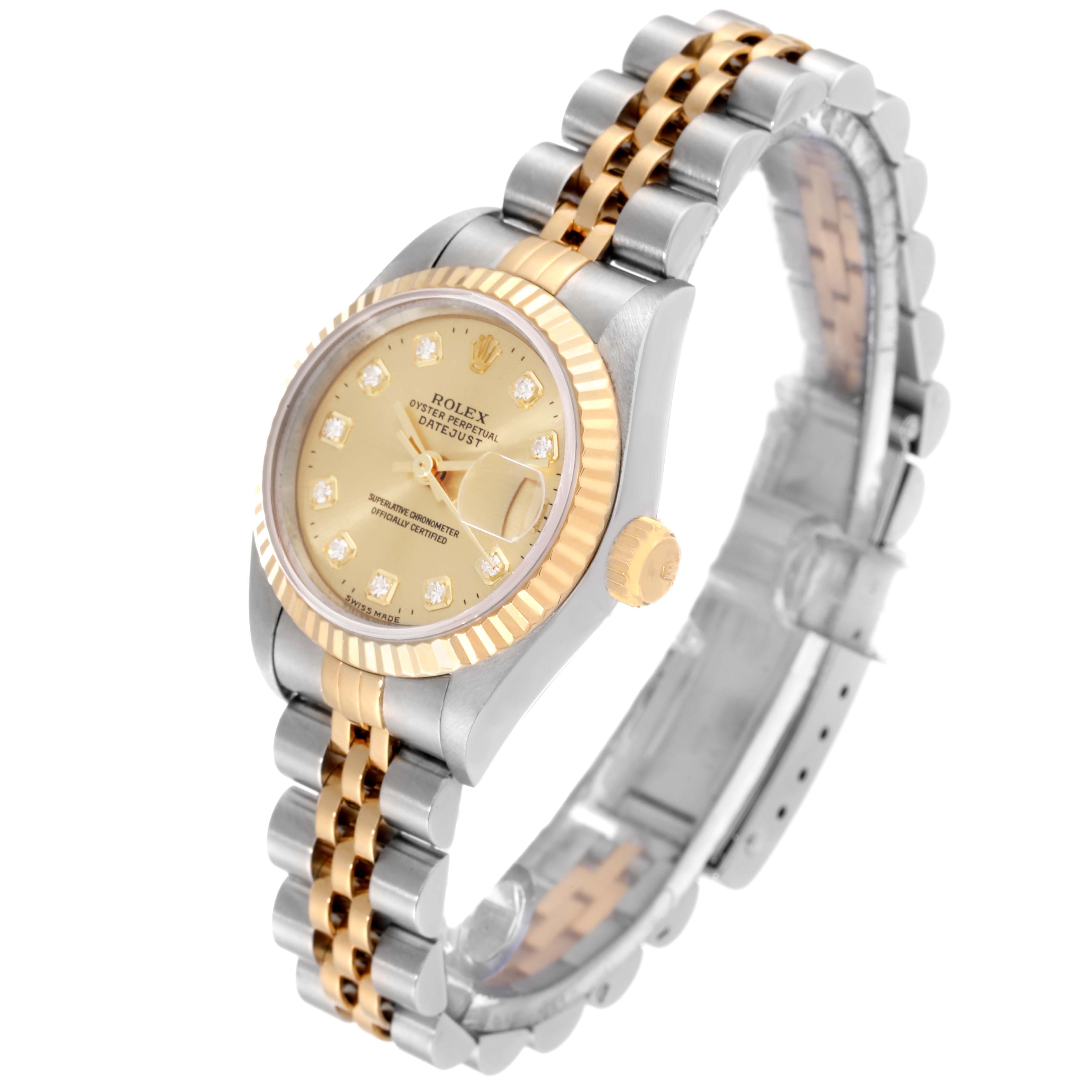 This image shows a Rolex Datejust 69173 Women's Steel and Gold (two tone) Champagne Dial 69173 Women's Steel and Gold (two tone) Champagne Dial watch at a three-quarter angle, highlighting the dial, fluted bezel, and two-tone bracelet.