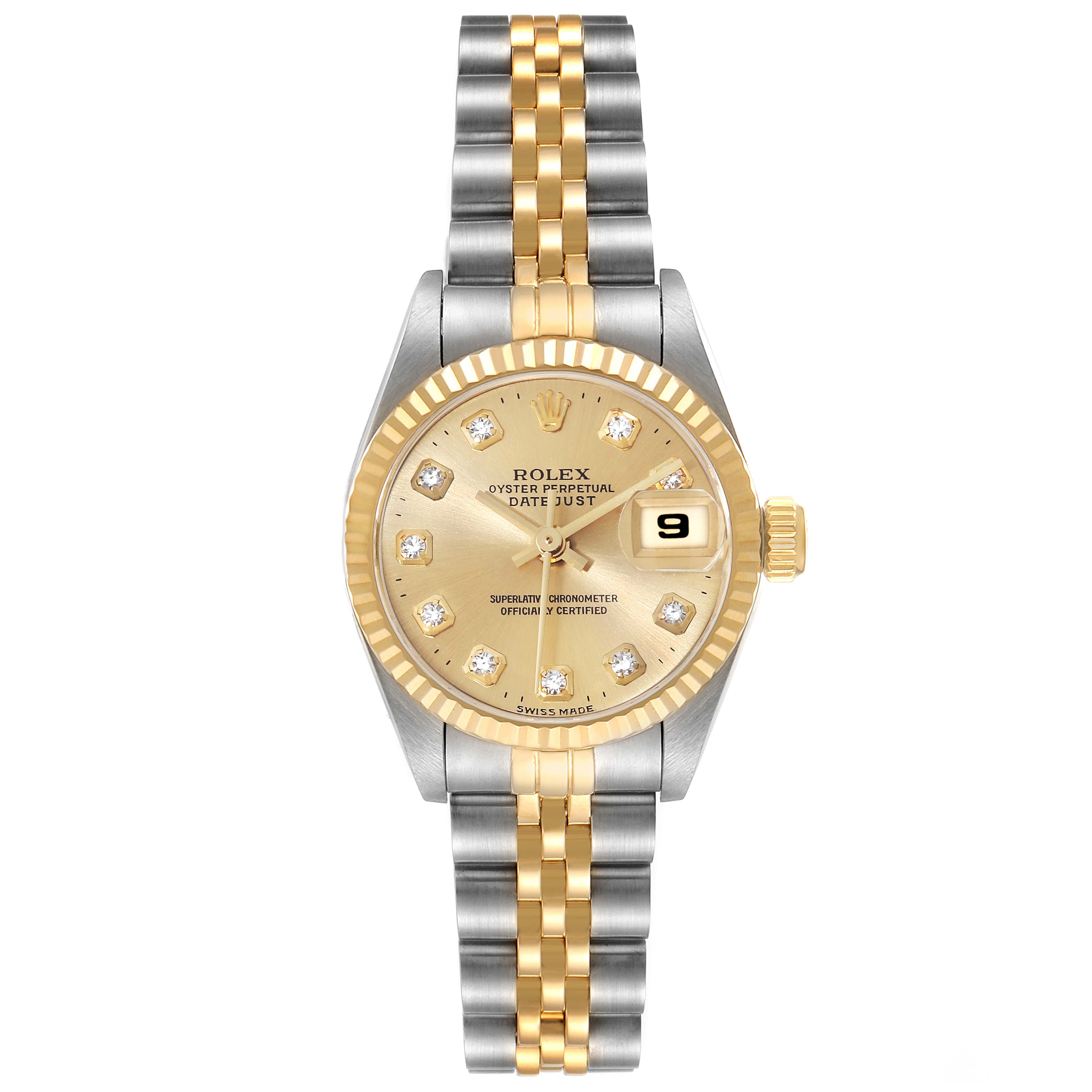 This image shows a frontal view of a Rolex Datejust 69173 Women's Steel and Gold (two tone) Champagne Dial 69173 Women's Steel and Gold (two tone) Champagne Dial watch, highlighting its dial, bezel, bracelet, and crown.