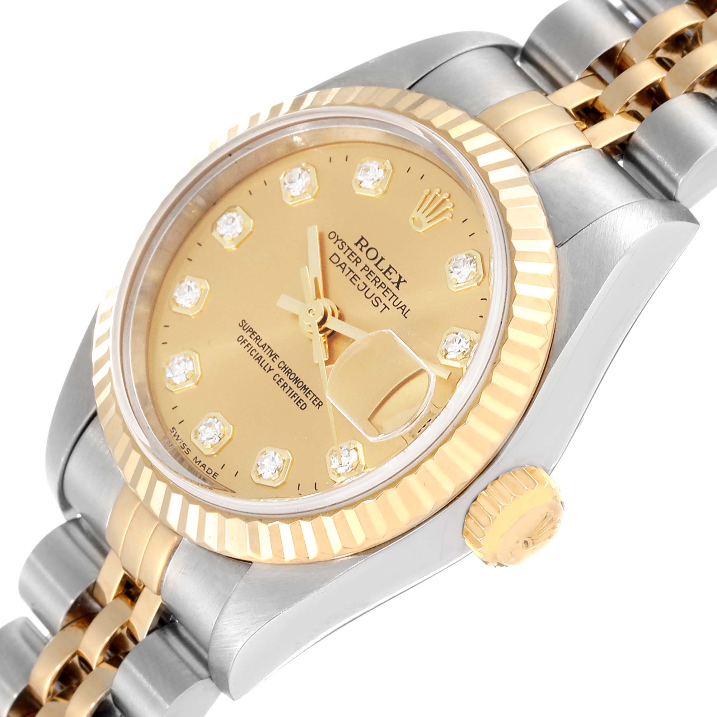This image shows a close-up angled view of the Rolex Datejust 79173 Women's Steel and Gold (two tone) Champagne Dial 79173 Women's Steel and Gold (two tone) Champagne Dial watch, highlighting its bezel, dial, and bracelet.