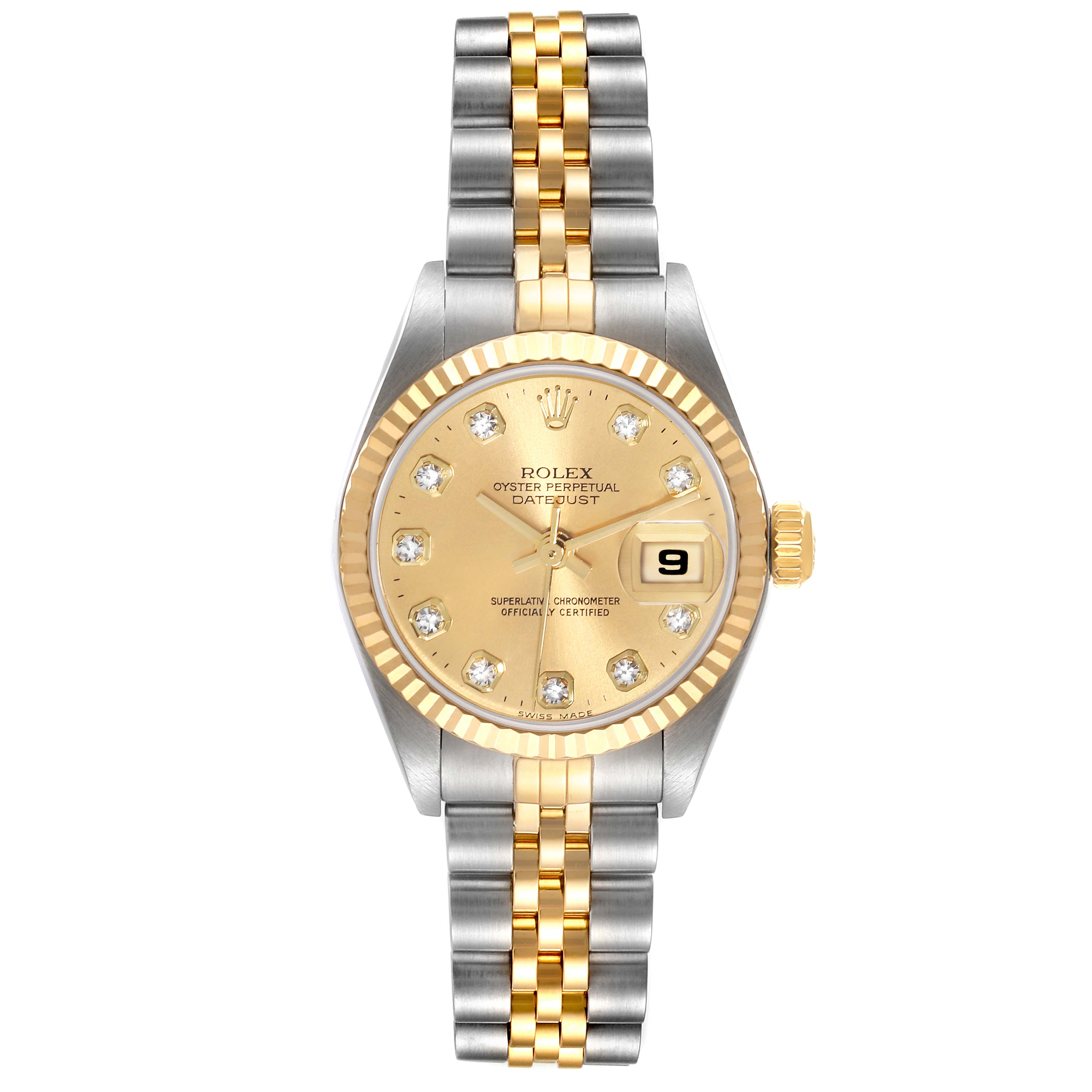 The image shows a front view of the Rolex Datejust 79173 Women's Steel and Gold (two tone) Champagne Dial 79173 Women's Steel and Gold (two tone) Champagne Dial watch, displaying the face, bezel, bracelet, and date window.