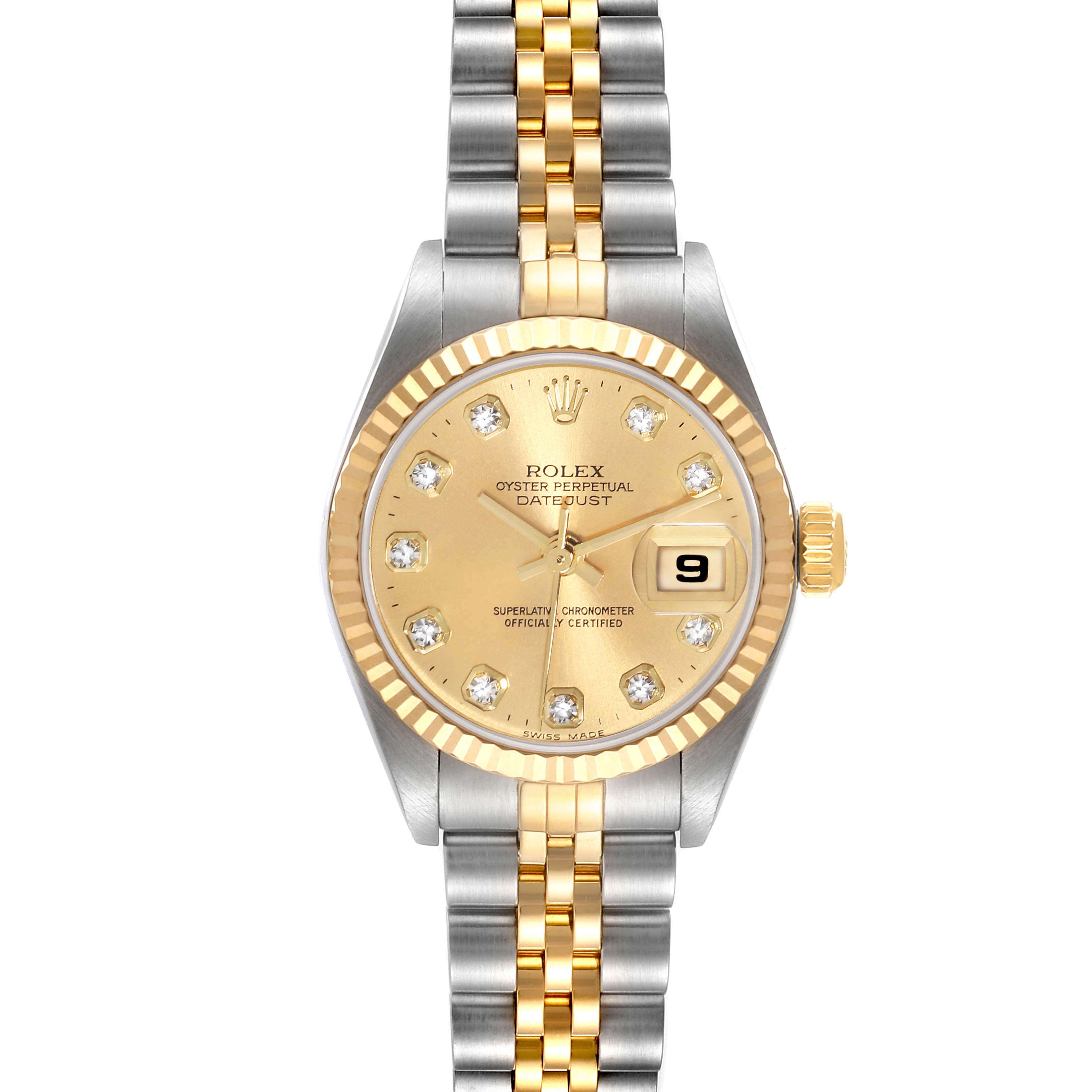 The image shows a frontal view of a Rolex Datejust 79173 Women's Steel and Gold (two tone) Champagne Dial 79173 Women's Steel and Gold (two tone) Champagne Dial watch, highlighting the gold dial, fluted bezel, diamond hour markers, and two-tone bracelet.