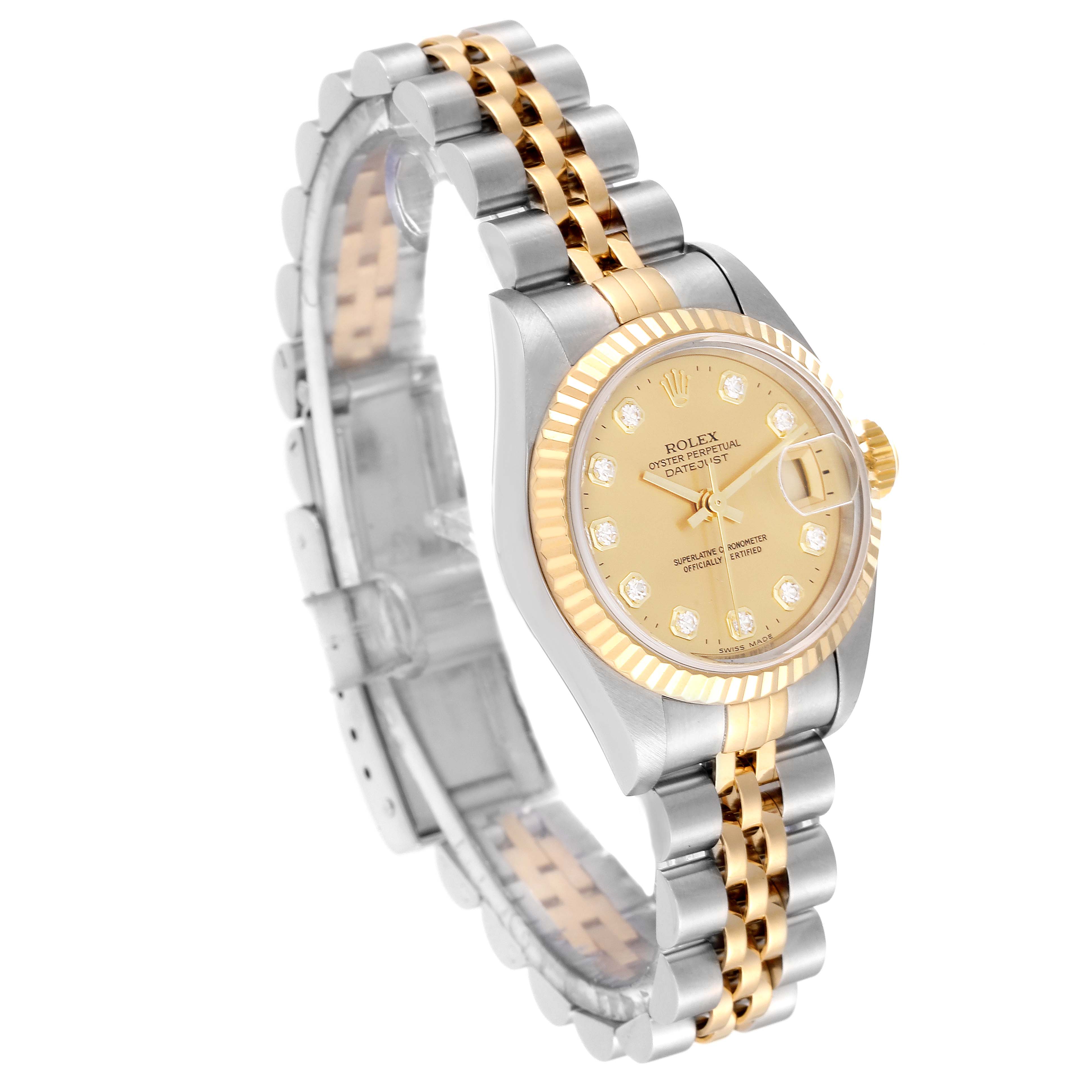 The image shows a Rolex Datejust 79173 Women's Steel and Gold (two tone) Champagne Dial 79173 Women's Steel and Gold (two tone) Champagne Dial watch from an oblique angle, featuring its dial, bezel, and oyster bracelet.
