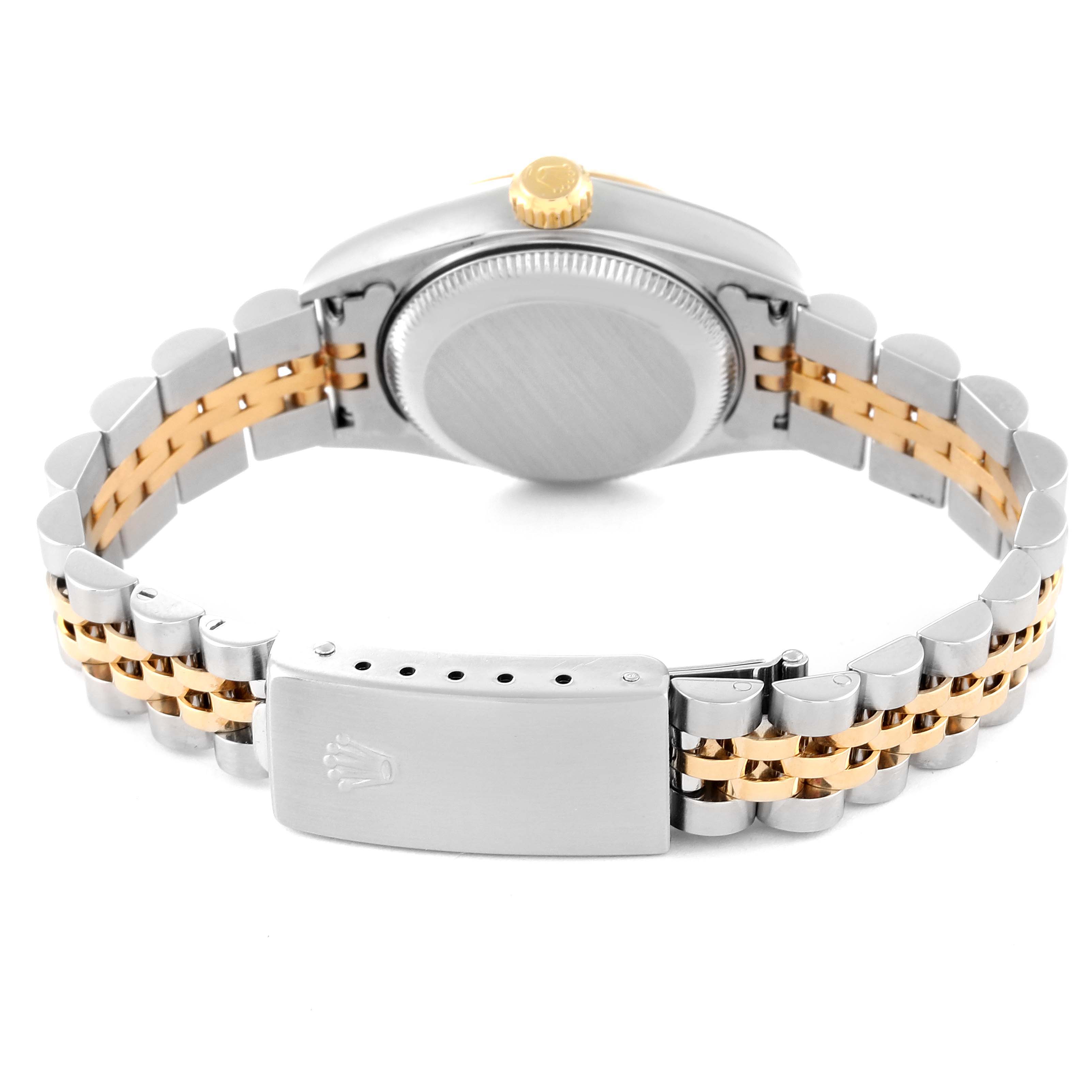 The image shows the back view of the Rolex Datejust 79173 Women's Steel and Gold (two tone) Champagne Dial 79173 Women's Steel and Gold (two tone) Champagne Dial watch, highlighting the bracelet, clasp, and caseback.