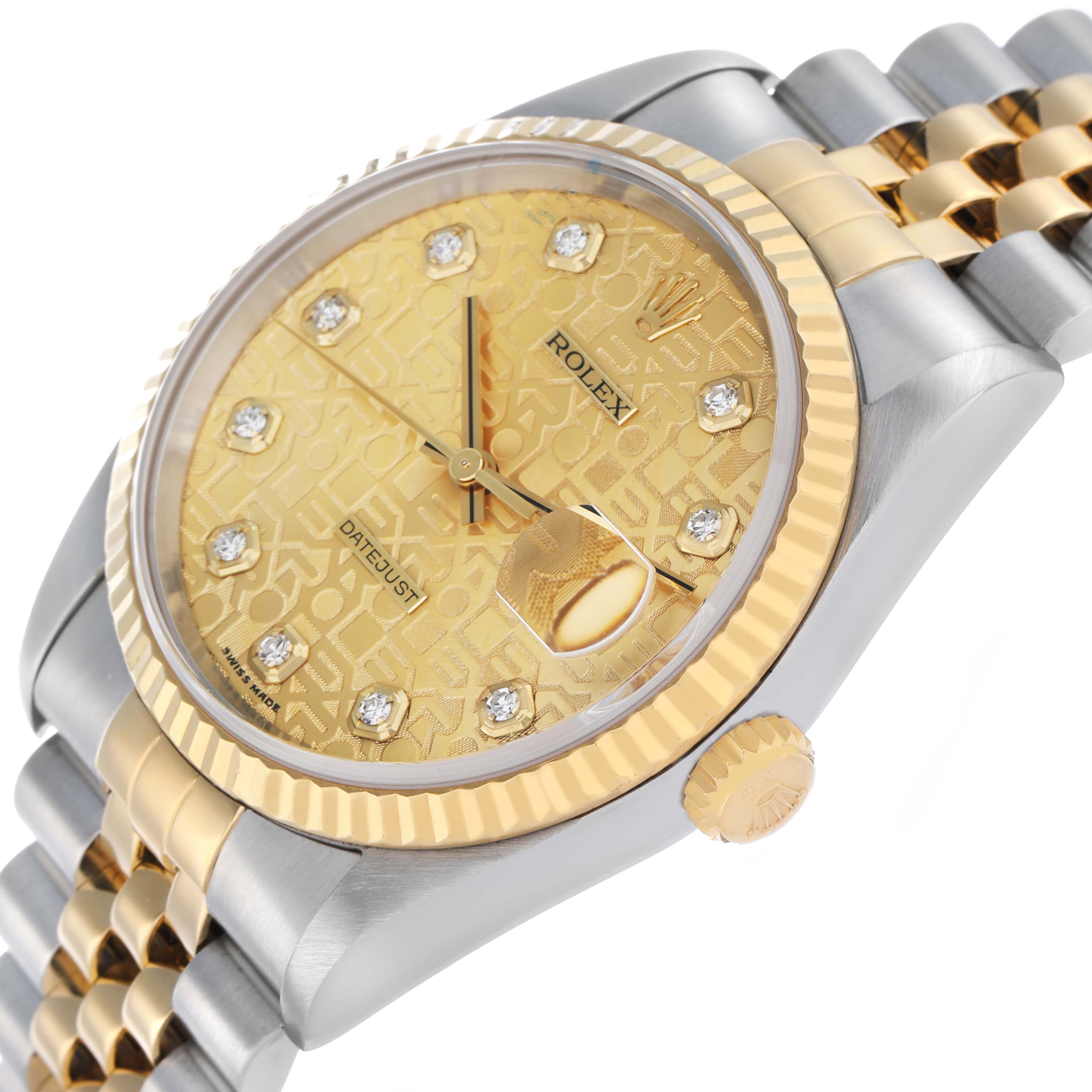 The Rolex Datejust 16233 Men's Stainless Steel Champagne Dial watch is shown at an angled close-up, highlighting the gold dial, diamond hour markers, fluted bezel, and jubilee bracelet.