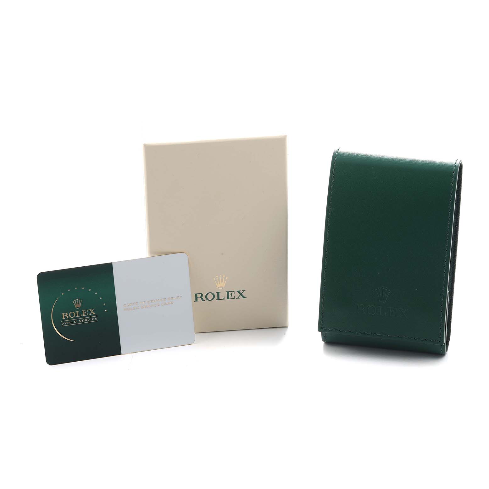 The image shows Rolex Datejust 16233 Men's Stainless Steel Champagne Dial accessories: a service card, a cream box, and a green pouch, all from a front angle.