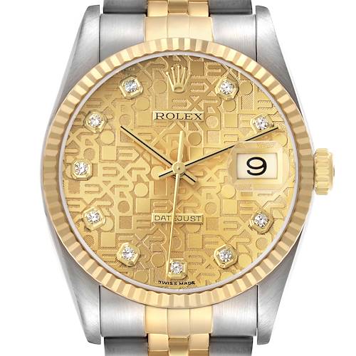 The image shows a frontal view of the Rolex Datejust 16233 Men's Stainless Steel Champagne Dial watch, highlighting its patterned gold dial, diamond hour markers, and fluted bezel.