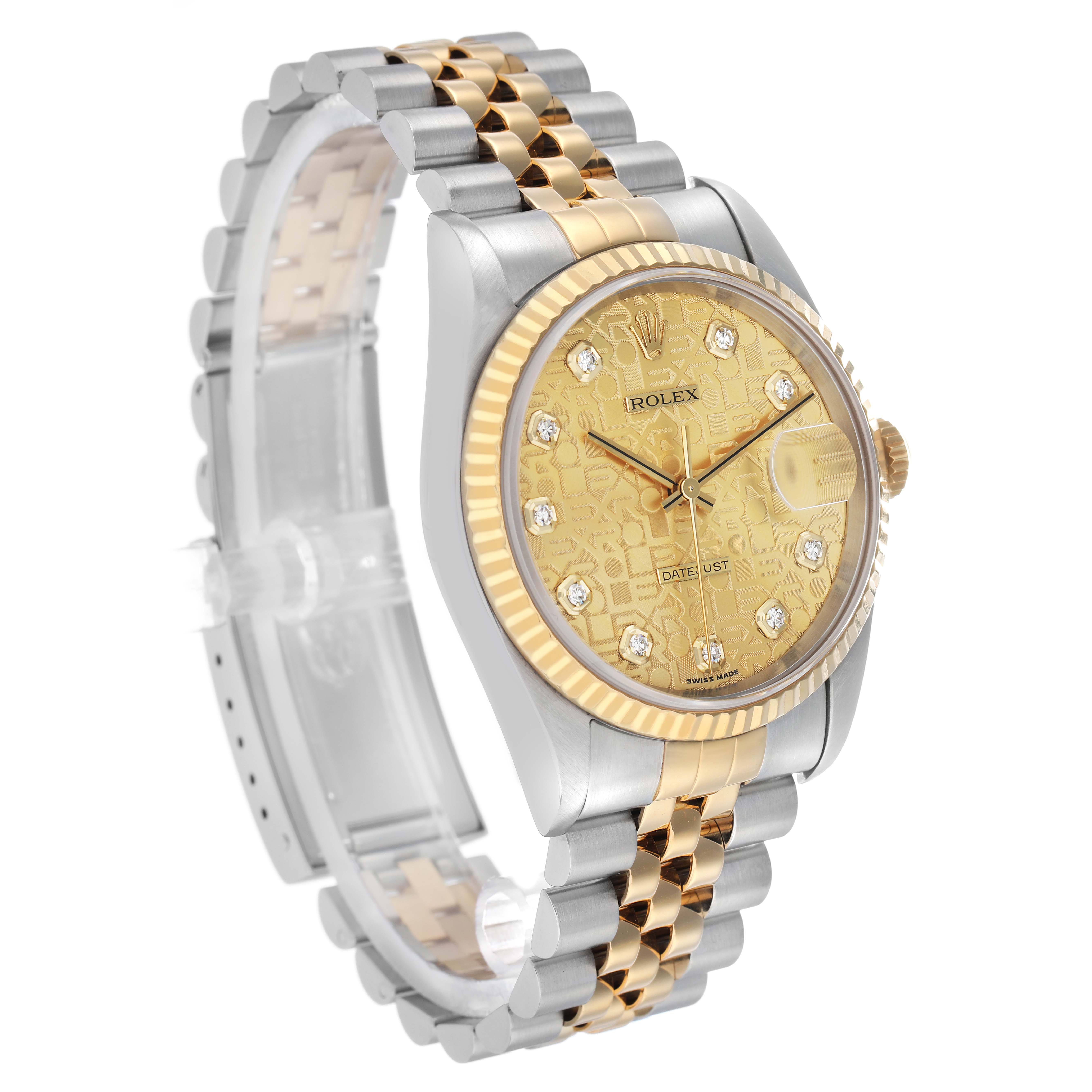 The Rolex Datejust 16233 Men's Stainless Steel Champagne Dial watch is shown at a three-quarter angle, highlighting its dial, bezel, and two-tone bracelet.