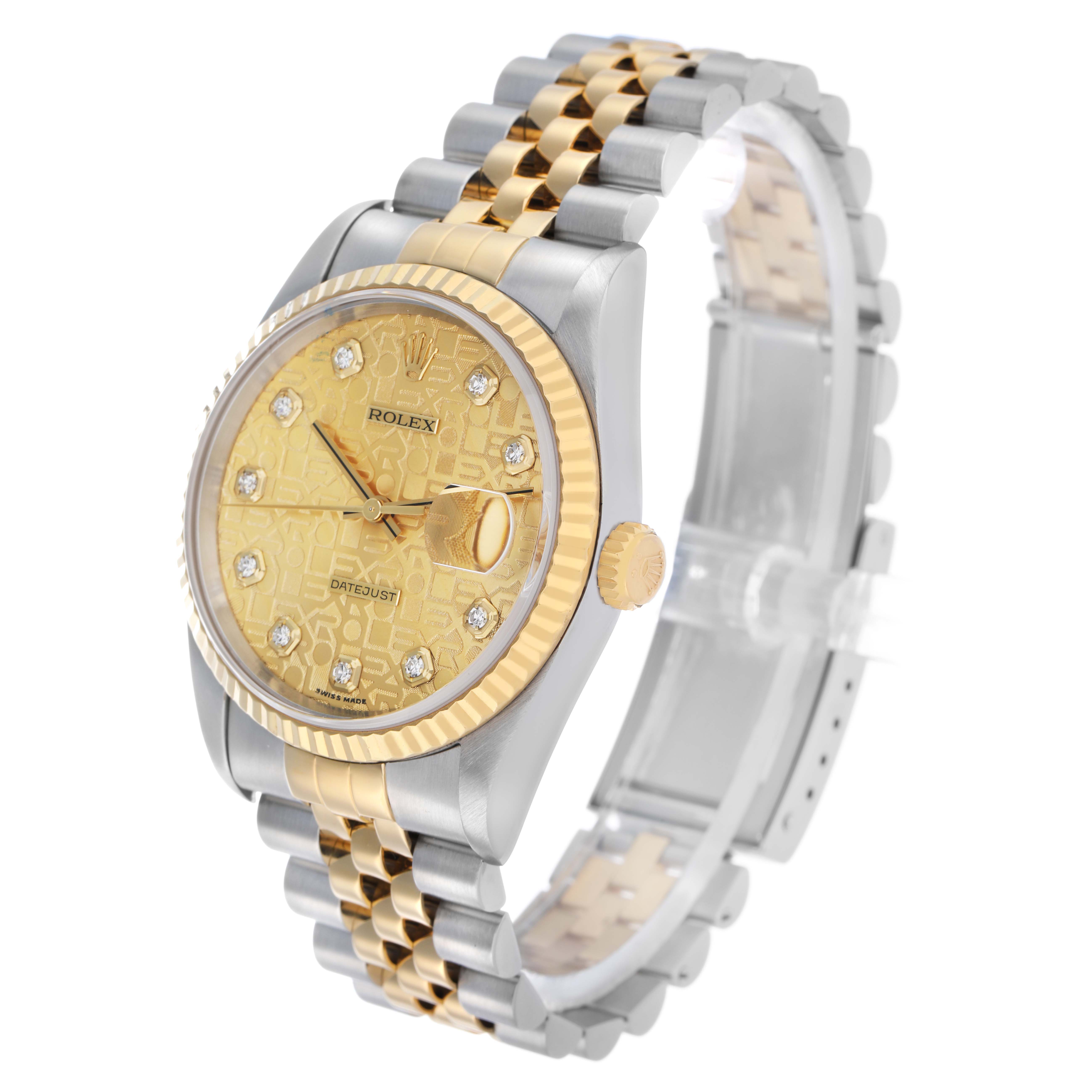 The Rolex Datejust 16233 Men's Stainless Steel Champagne Dial watch is shown at a three-quarter angle featuring the dial, bezel, crown, and part of the bracelet.