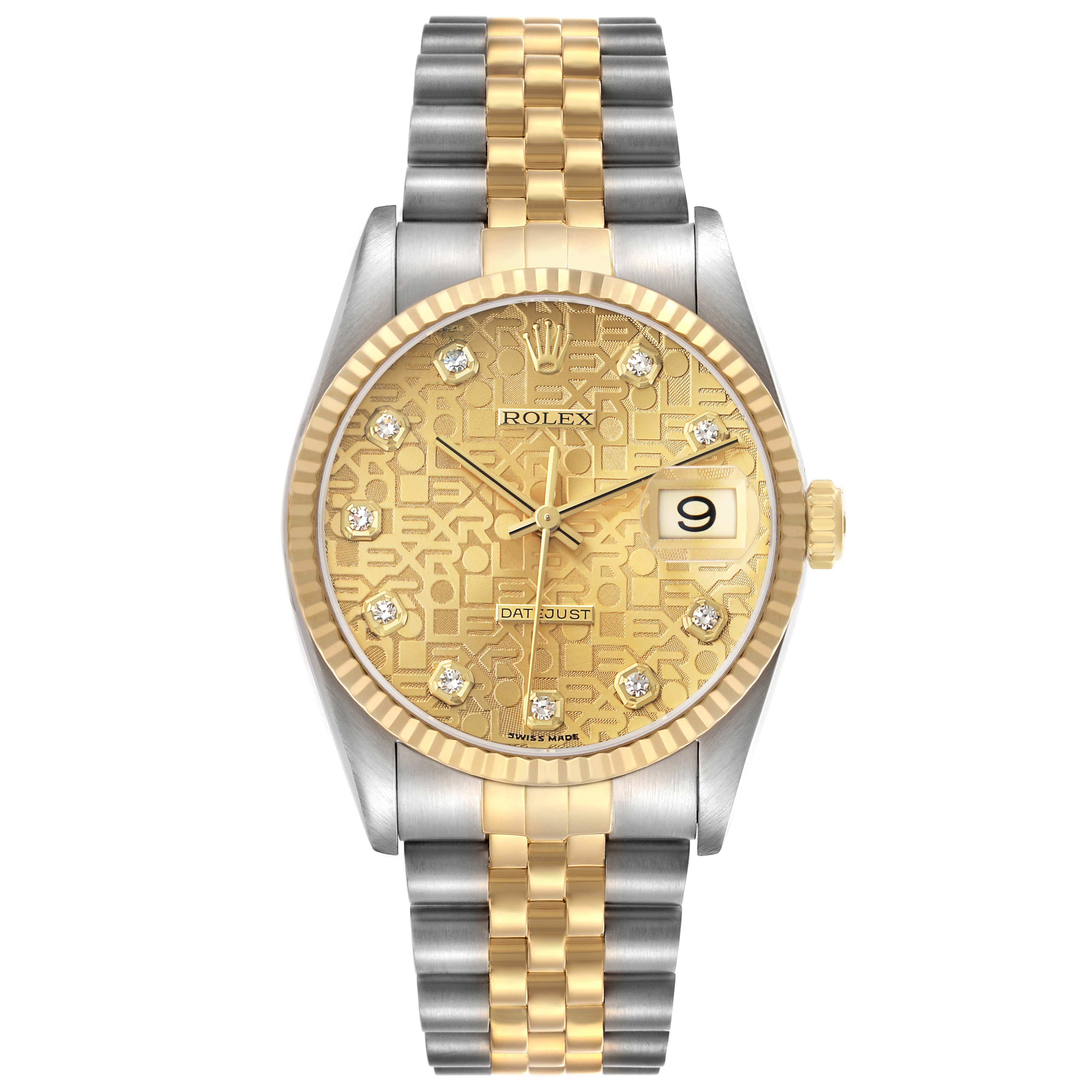 The Rolex Datejust 16233 Men's Stainless Steel Champagne Dial watch is shown from the front, featuring a gold patterned dial, diamond hour markers, fluted bezel, and two-tone bracelet.