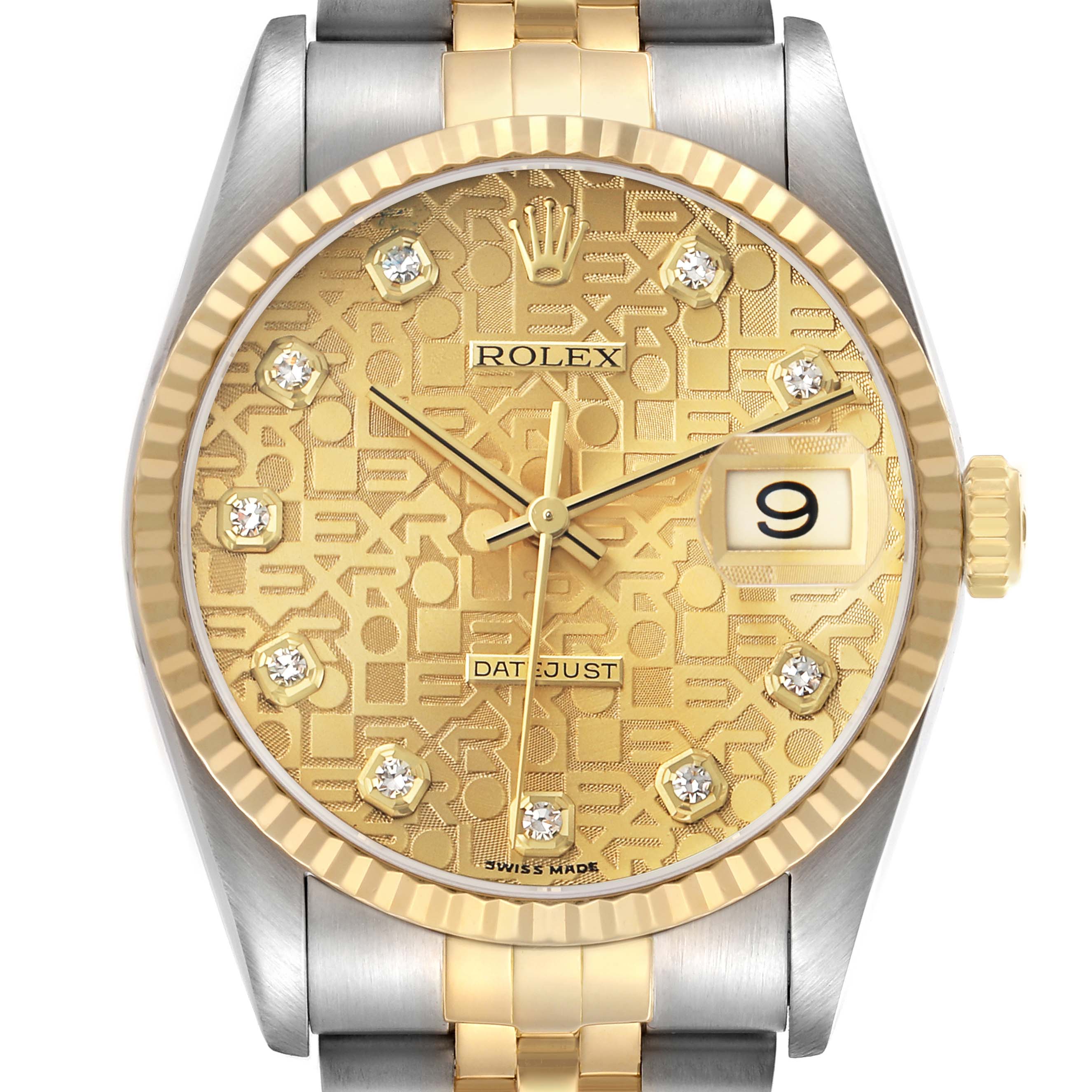 The Rolex Datejust 16233 Men's Stainless Steel Champagne Dial watch is shown from the front, highlighting its gold-patterned dial, date window, diamond hour markers, and two-tone bracelet.