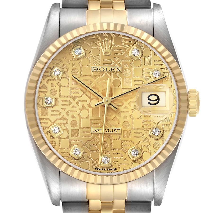 The Rolex Datejust 16233 Men's Stainless Steel Champagne Dial watch is shown from the front, highlighting its gold-patterned dial, date window, diamond hour markers, and two-tone bracelet.