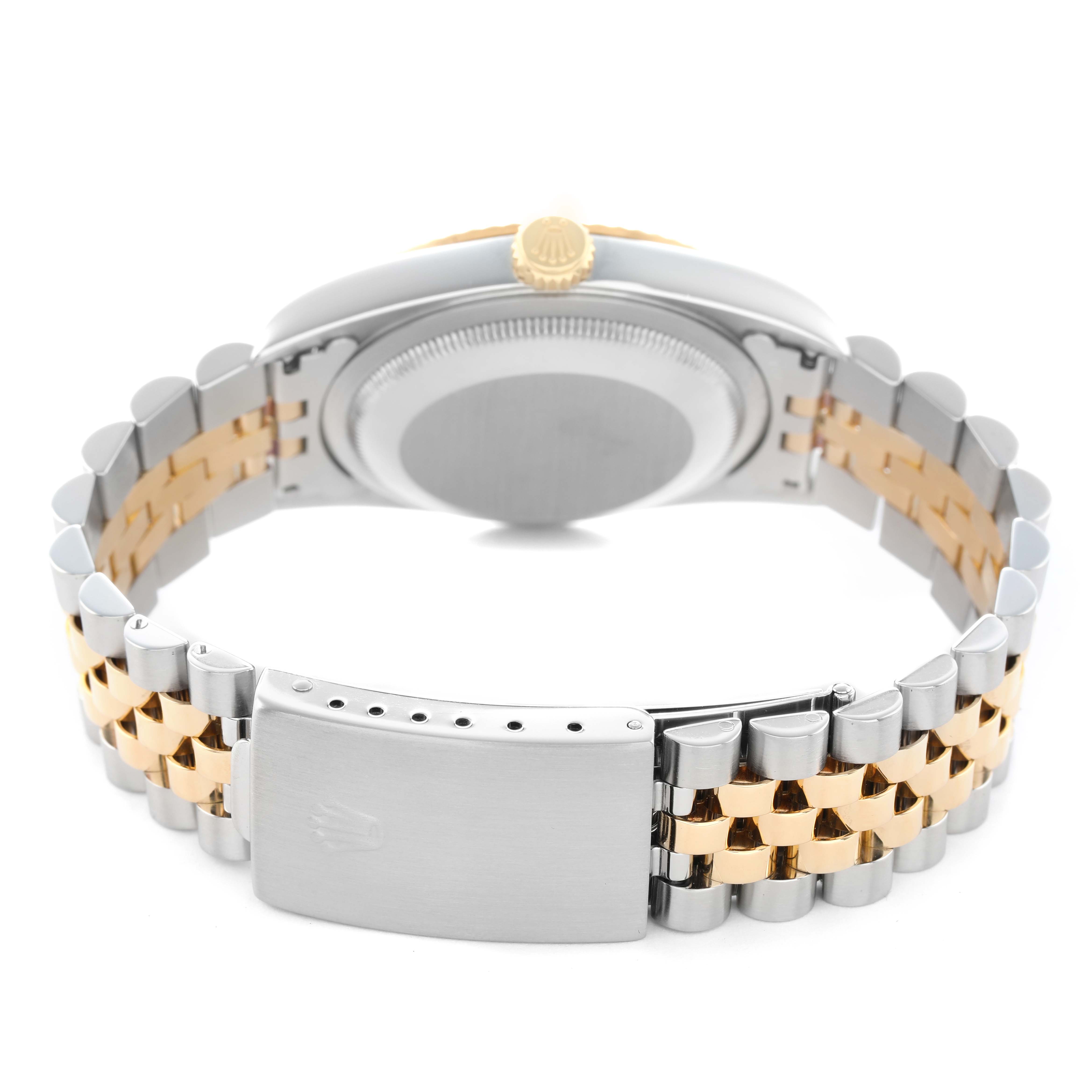 The Rolex Datejust 16233 Men's Stainless Steel Champagne Dial watch is shown from the rear, highlighting the clasp, case back, and two-tone bracelet.