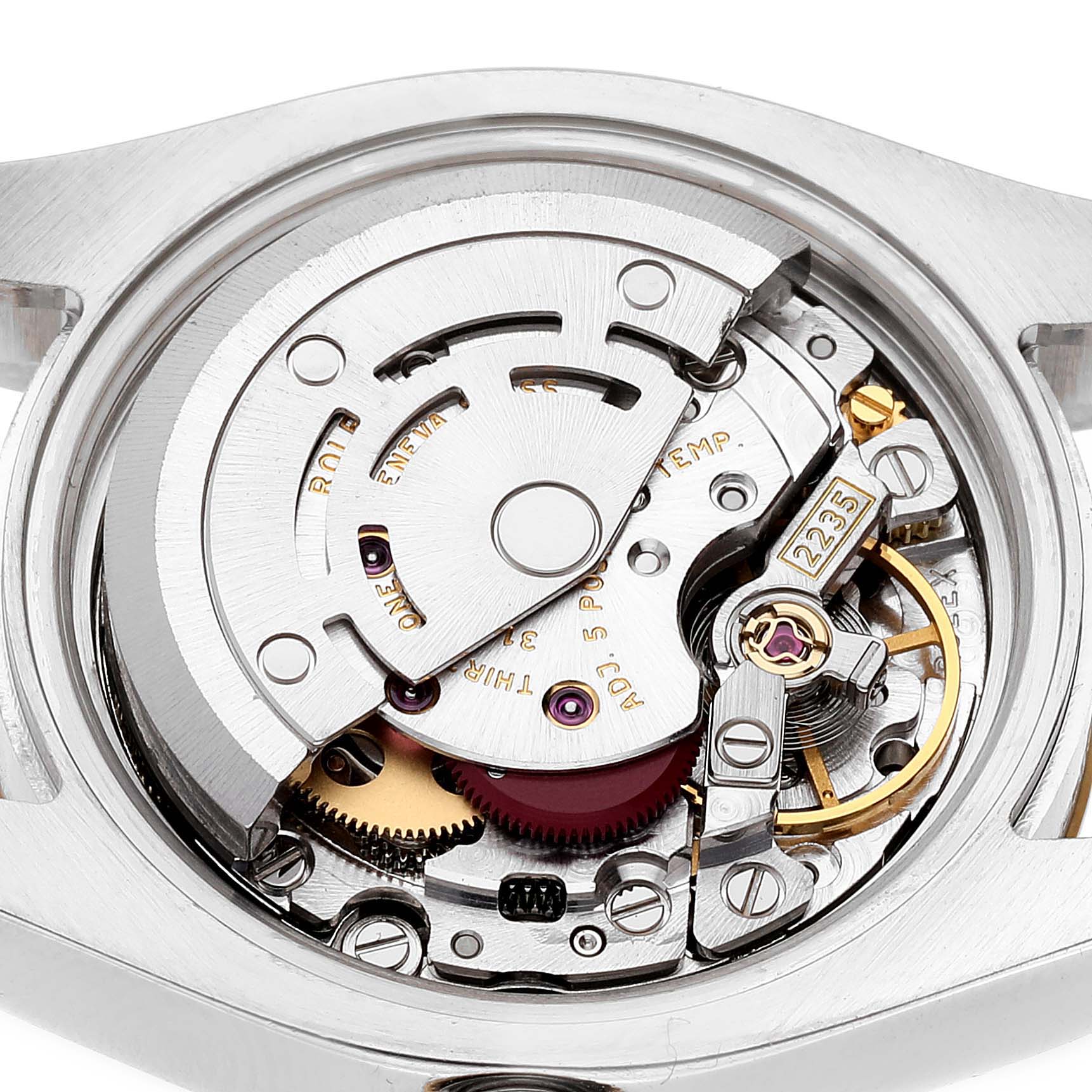 This image shows the intricate internal mechanism of the Rolex Datejust 179173 Women's Steel and Gold (two tone) Beige Dial 179173 Women's Steel and Gold (two tone) Beige Dial watch, viewed from the back.