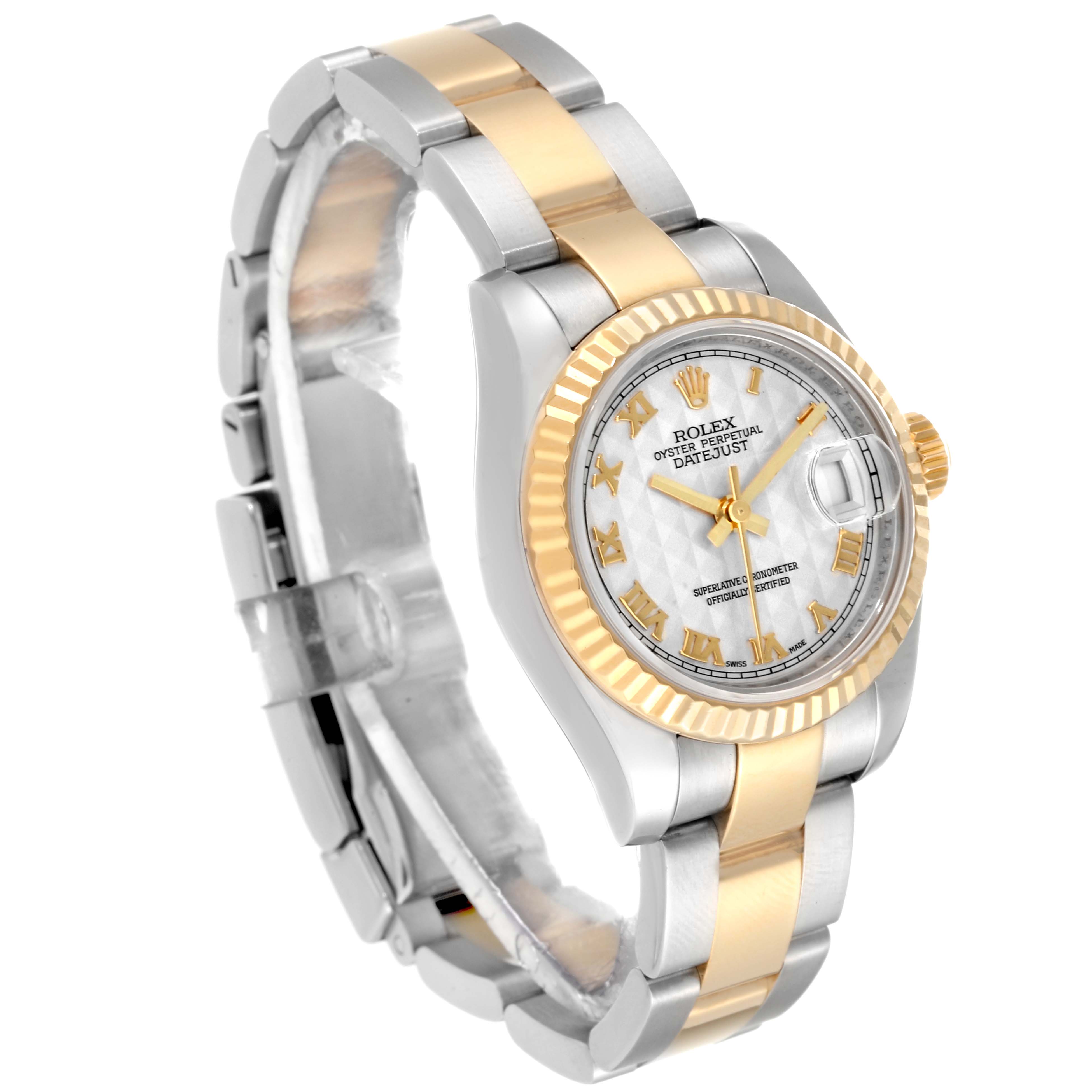 This image shows a side angle view of a Rolex Datejust 179173 Women's Steel and Gold (two tone) Beige Dial 179173 Women's Steel and Gold (two tone) Beige Dial watch, highlighting its two-tone bracelet and fluted bezel.