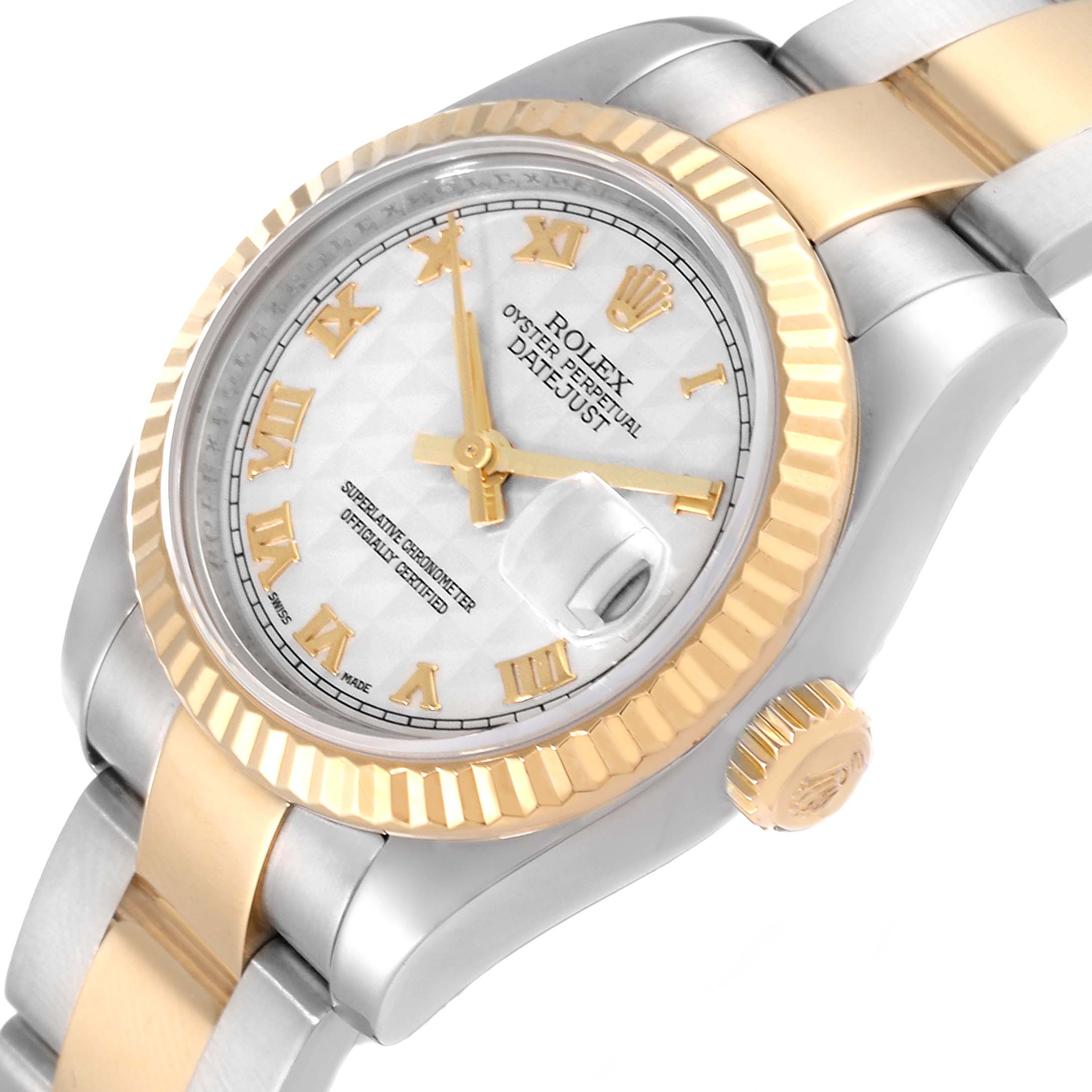 The image shows a close-up, angled view of a Rolex Datejust 179173 Women's Steel and Gold (two tone) Beige Dial 179173 Women's Steel and Gold (two tone) Beige Dial, highlighting the watch face, bezel, crown, and part of the bracelet.