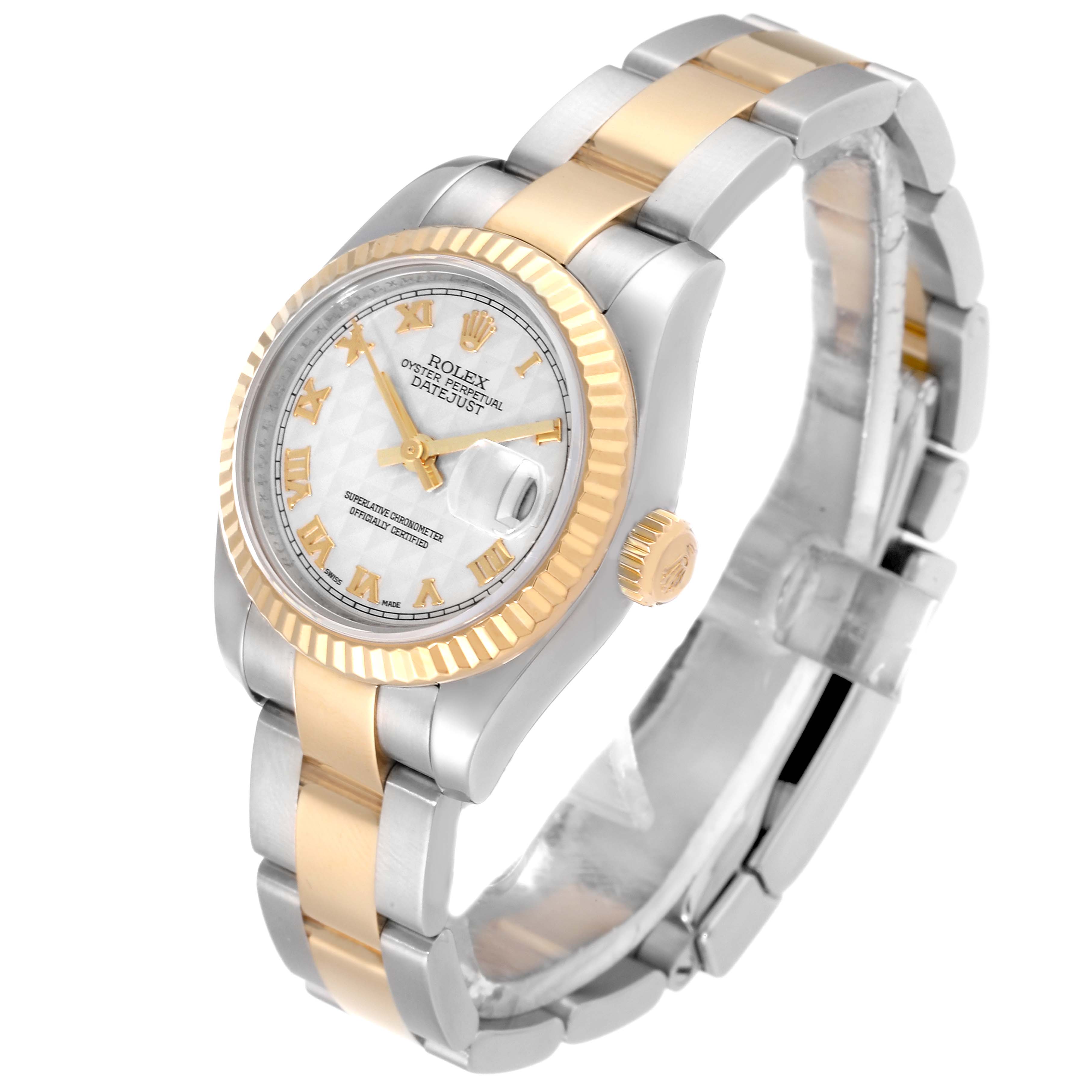 This image features a Rolex Datejust 179173 Women's Steel and Gold (two tone) Beige Dial 179173 Women's Steel and Gold (two tone) Beige Dial model watch showing its face, fluted bezel, and two-tone bracelet at an angled side view.