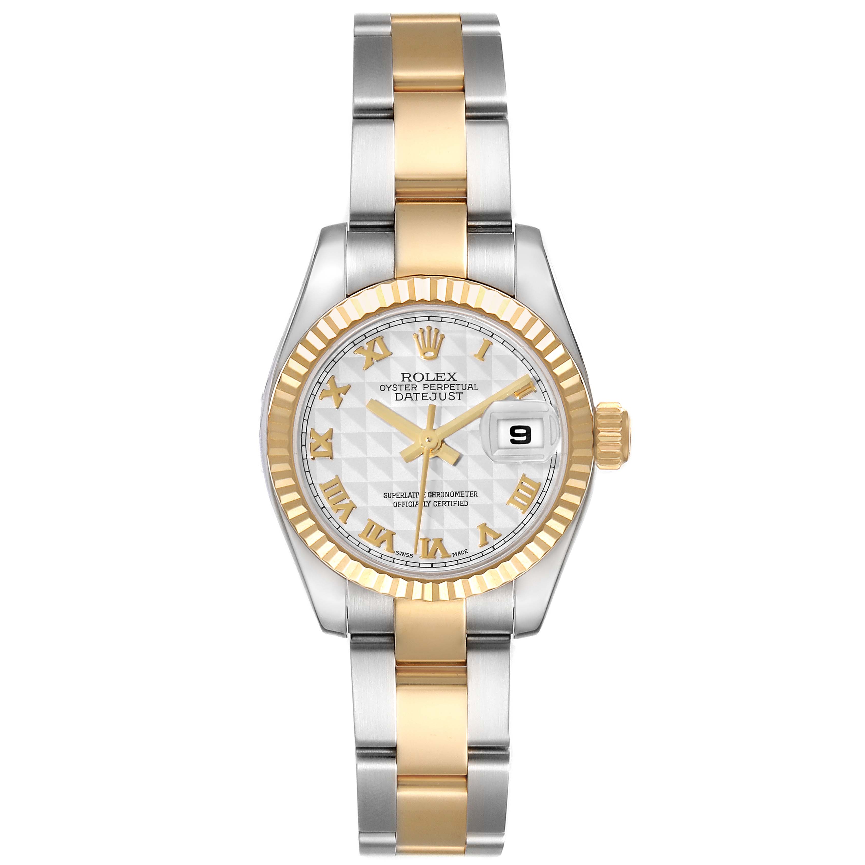 The image shows a front view of the Rolex Datejust 179173 Women's Steel and Gold (two tone) Beige Dial 179173 Women's Steel and Gold (two tone) Beige Dial watch, highlighting the dial, bezel, crown, and two-tone bracelet.