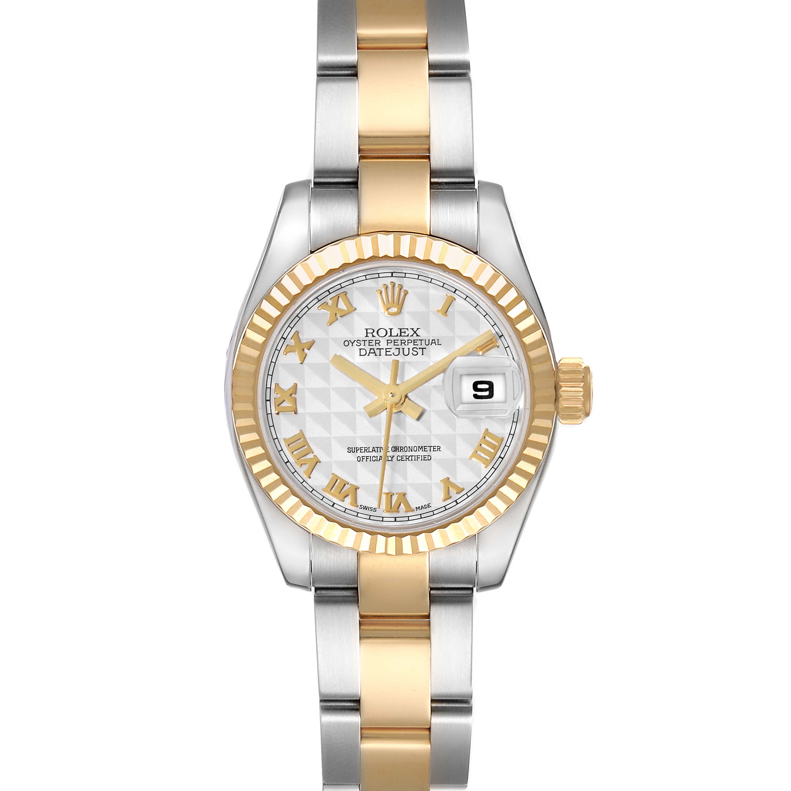 This Rolex Datejust 179173 Women's Steel and Gold (two tone) Beige Dial 179173 Women's Steel and Gold (two tone) Beige Dial watch is shown from the front with a silver and gold bracelet, fluted bezel, white dial, and date display.