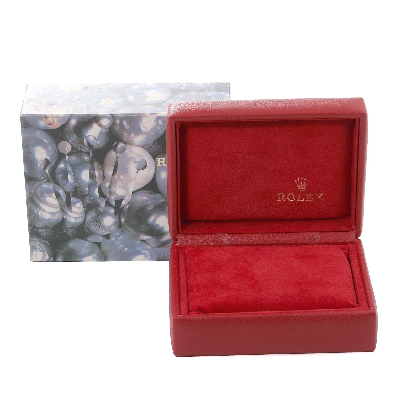 The image shows a red Rolex Datejust 79173 Women's Steel and Gold (two tone) Beige Dial 79173 Women's Steel and Gold (two tone) Beige Dial watch box with a cushioned interior and an outer decorative sleeve.