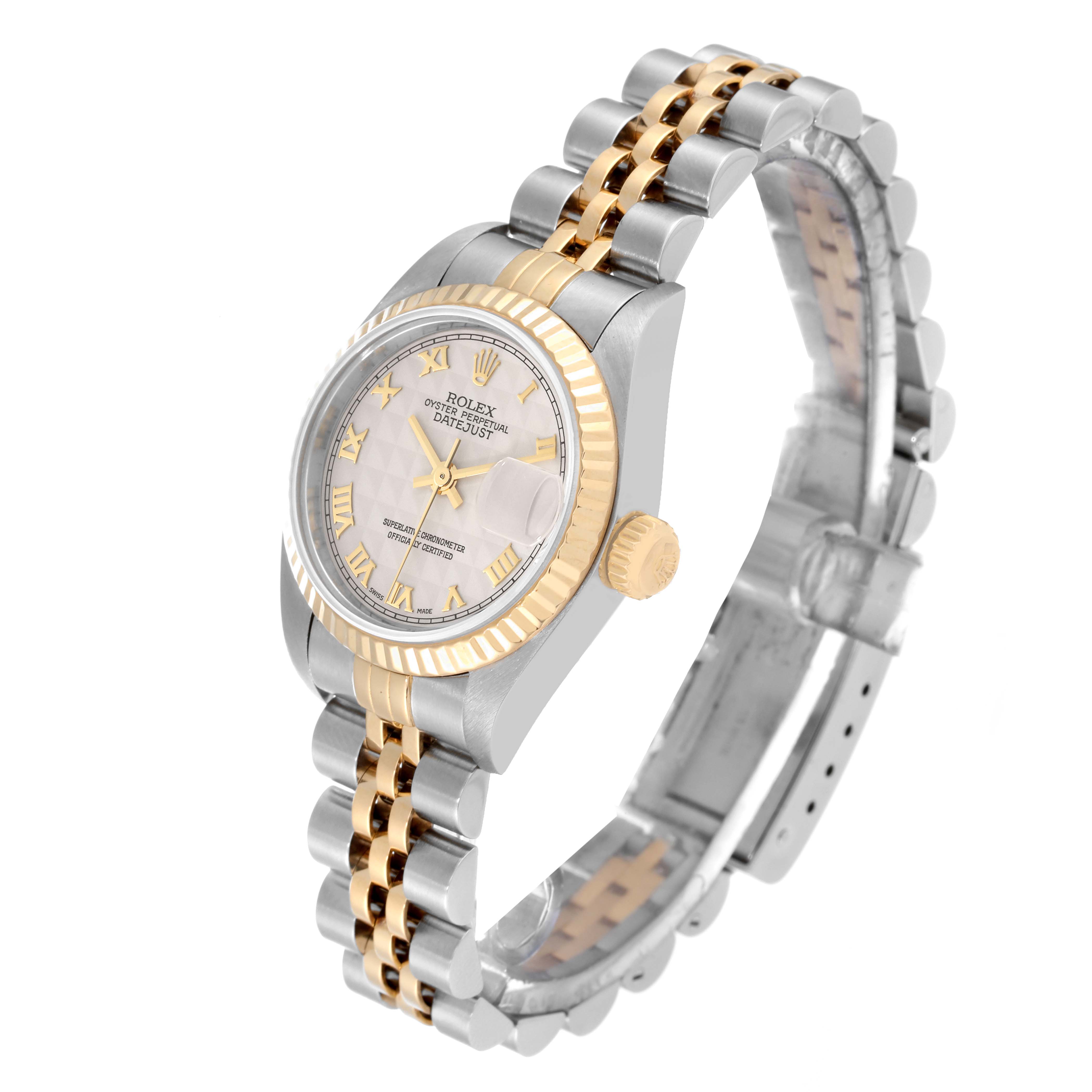 The image shows a Rolex Datejust 79173 Women's Steel and Gold (two tone) Beige Dial 79173 Women's Steel and Gold (two tone) Beige Dial watch at a slight angle, highlighting the dial, bezel, and two-tone bracelet.
