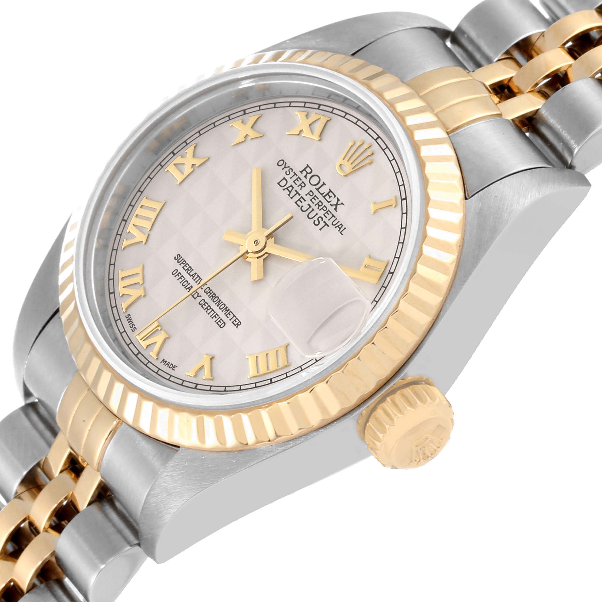 The image shows a Rolex Datejust 79173 Women's Steel and Gold (two tone) Beige Dial 79173 Women's Steel and Gold (two tone) Beige Dial watch at an angled close-up, highlighting the face, bezel, crown, and part of the bracelet.