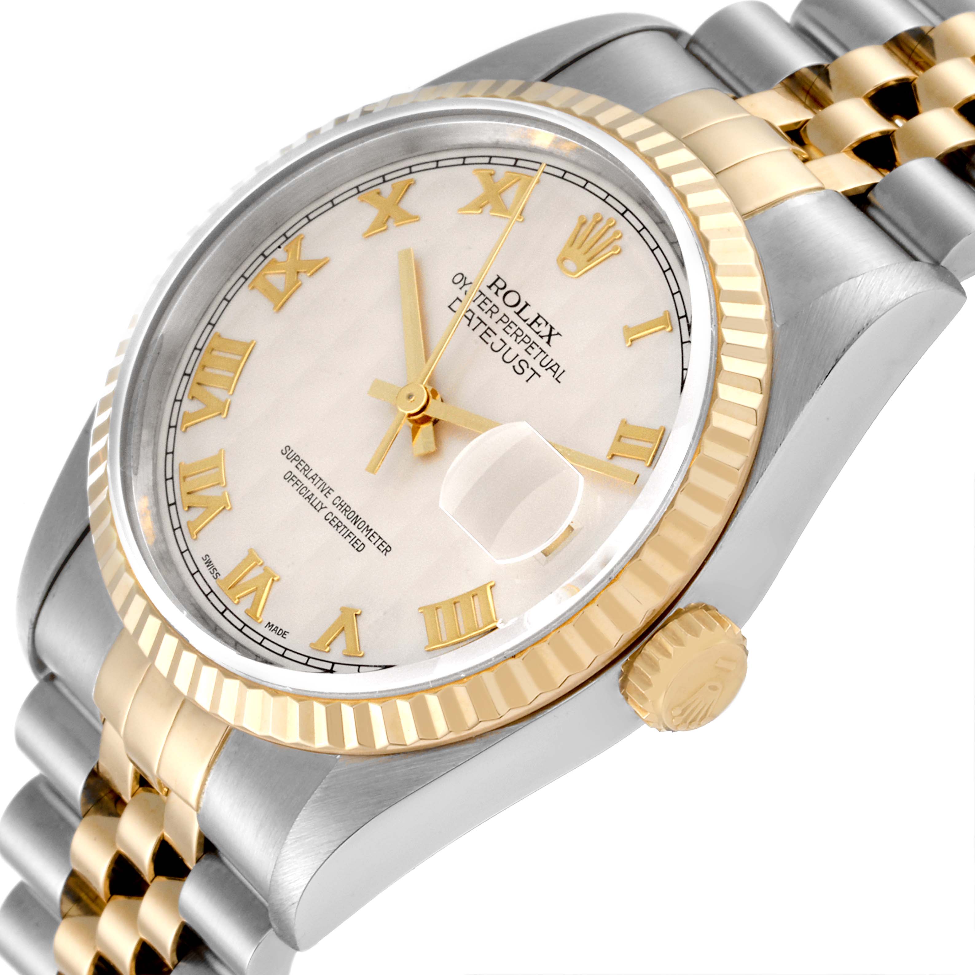 The Rolex Datejust 16233 Men's Steel and Gold (two tone) Beige Dial 16233 Men's Steel and Gold (two tone) Beige Dial watch is shown at an angle highlighting the dial, bezel, crown, and part of the bracelet.