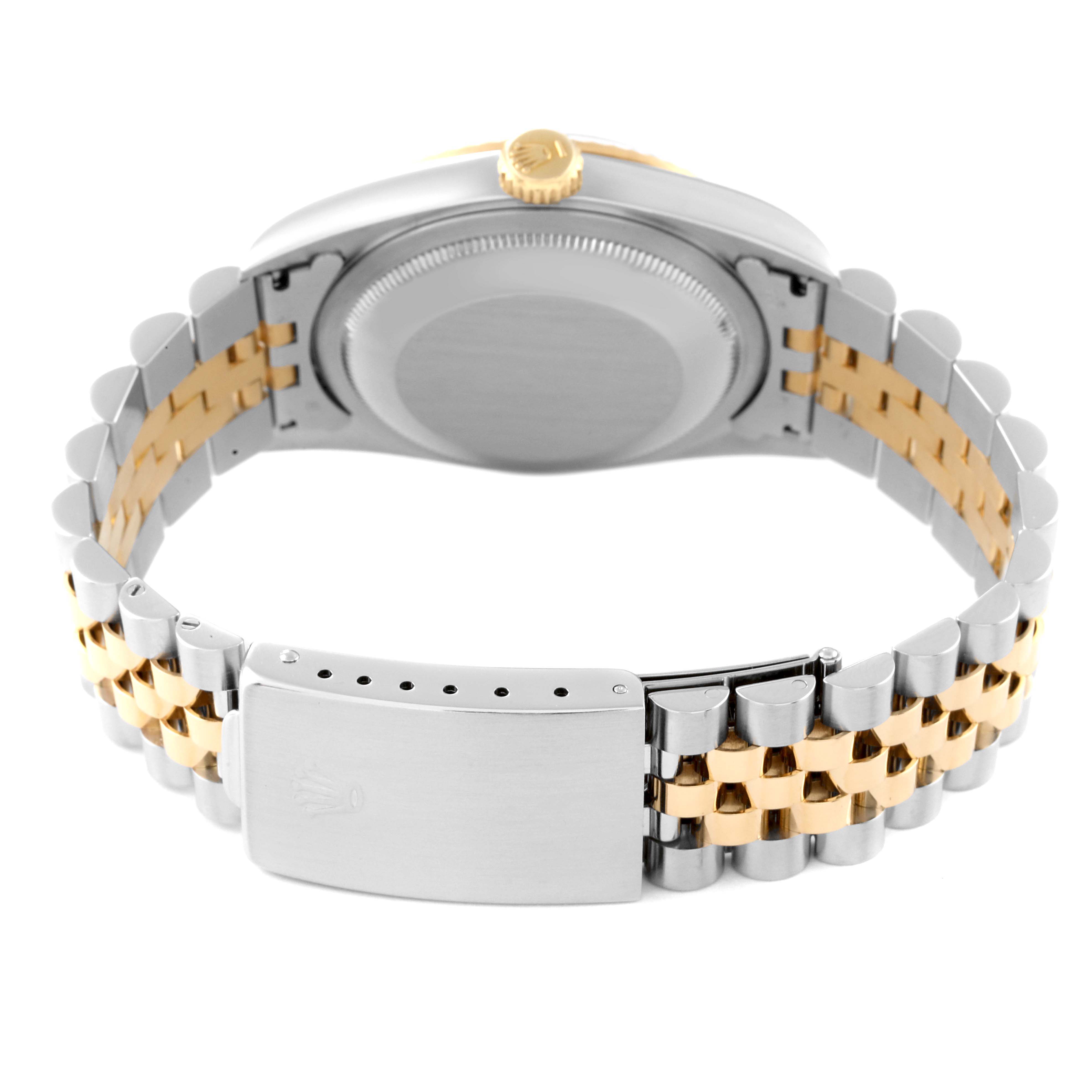 This image shows the back and bracelet clasp of a Rolex Datejust 16233 Men's Steel and Gold (two tone) Beige Dial 16233 Men's Steel and Gold (two tone) Beige Dial watch, highlighting the two-tone design.