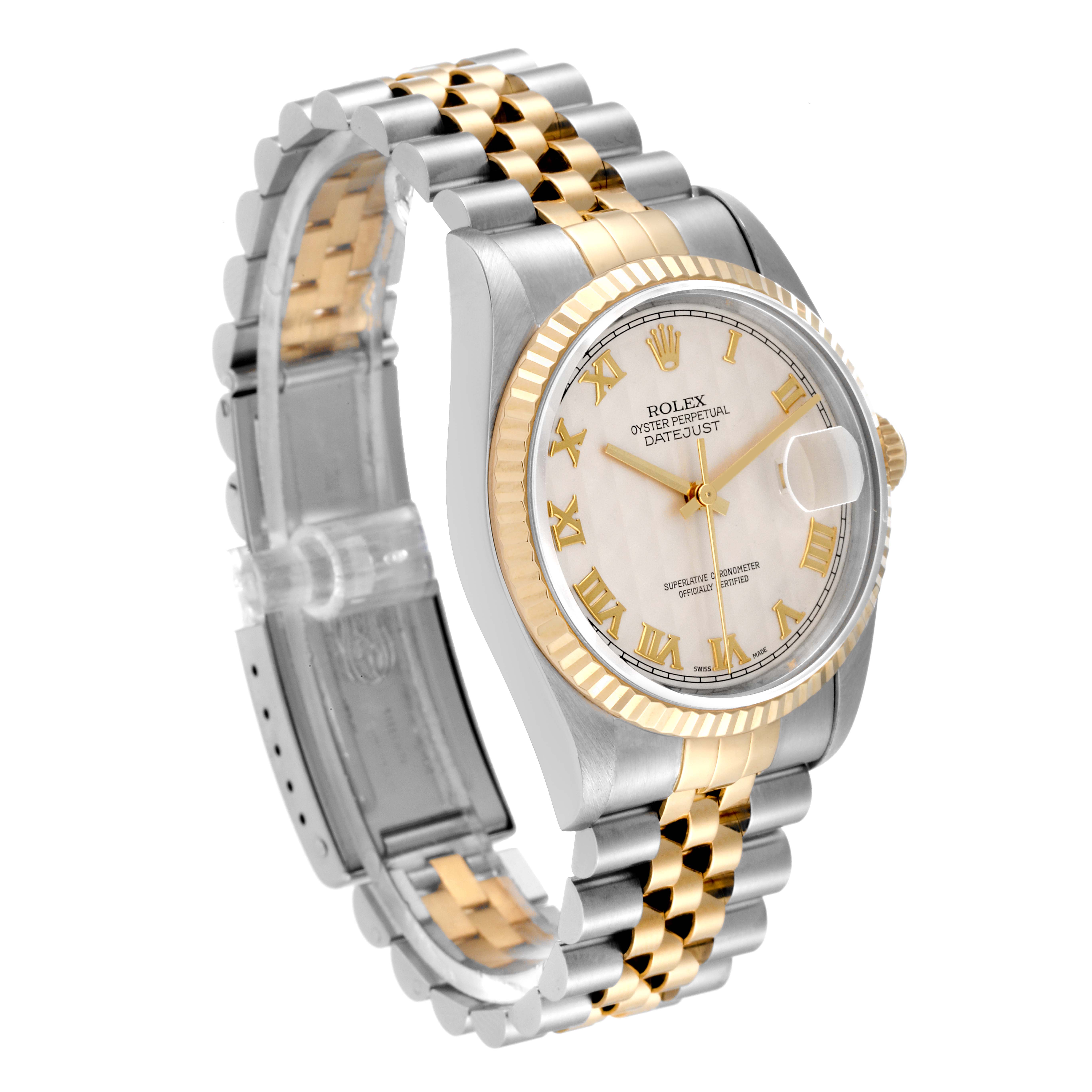 The Rolex Datejust 16233 Men's Steel and Gold (two tone) Beige Dial 16233 Men's Steel and Gold (two tone) Beige Dial watch is shown at a three-quarter angle, displaying its case, bezel, dial, and two-tone bracelet.