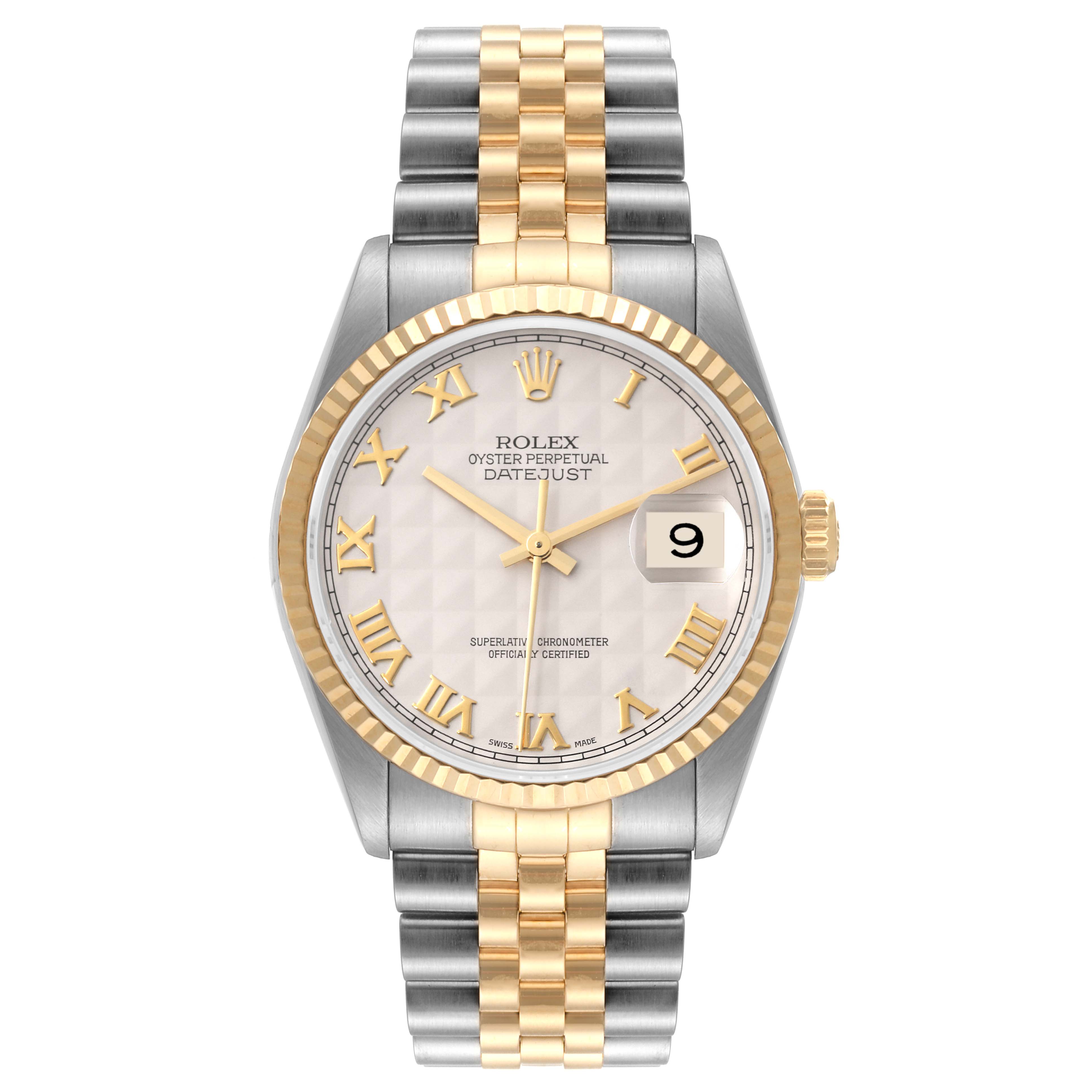 The Rolex Datejust 16233 Men's Steel and Gold (two tone) Beige Dial 16233 Men's Steel and Gold (two tone) Beige Dial watch is shown from the front, displaying its face, two-tone bracelet, gold fluted bezel, and date window.