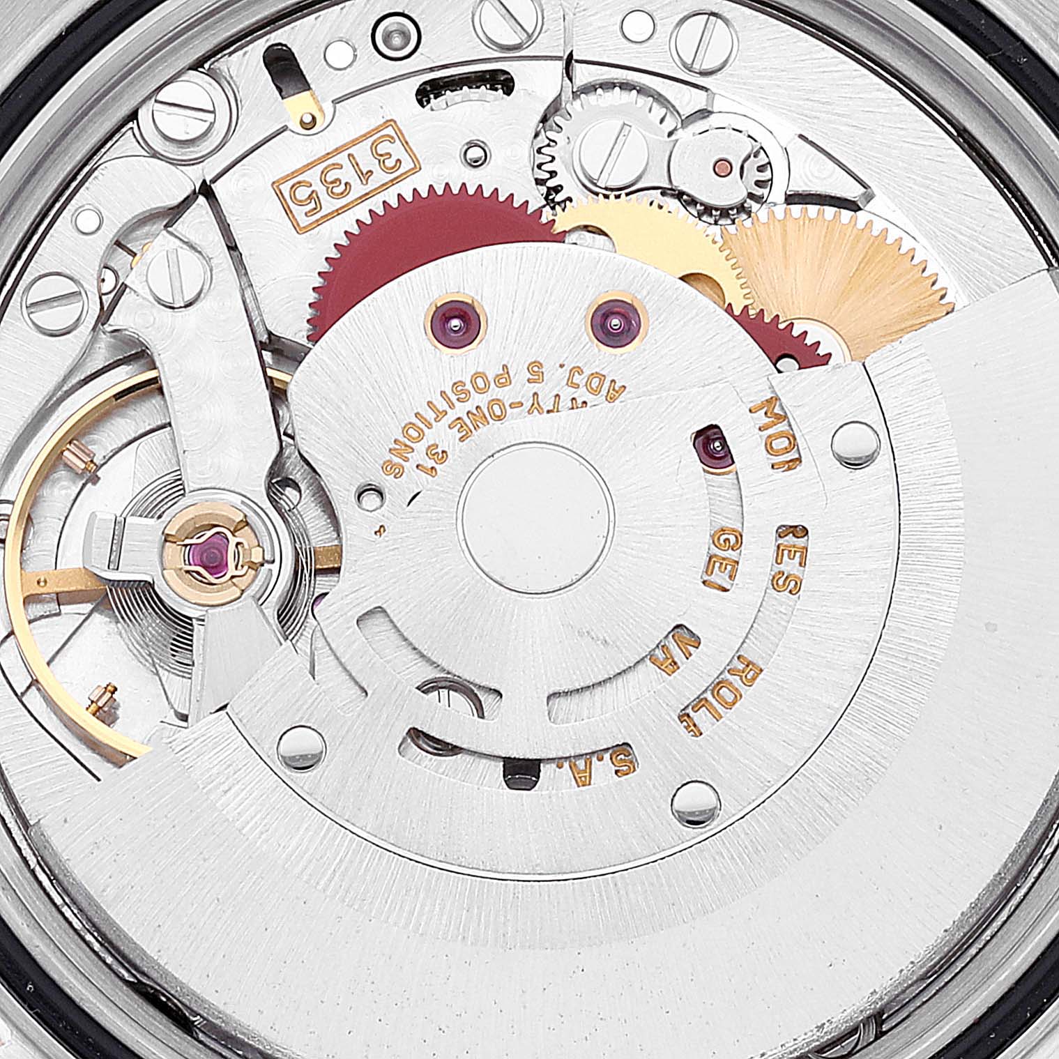 The image shows a close-up of the movement mechanism of a Rolex Datejust 16233 Men's Steel and Gold (two tone) Beige Dial 16233 Men's Steel and Gold (two tone) Beige Dial watch.