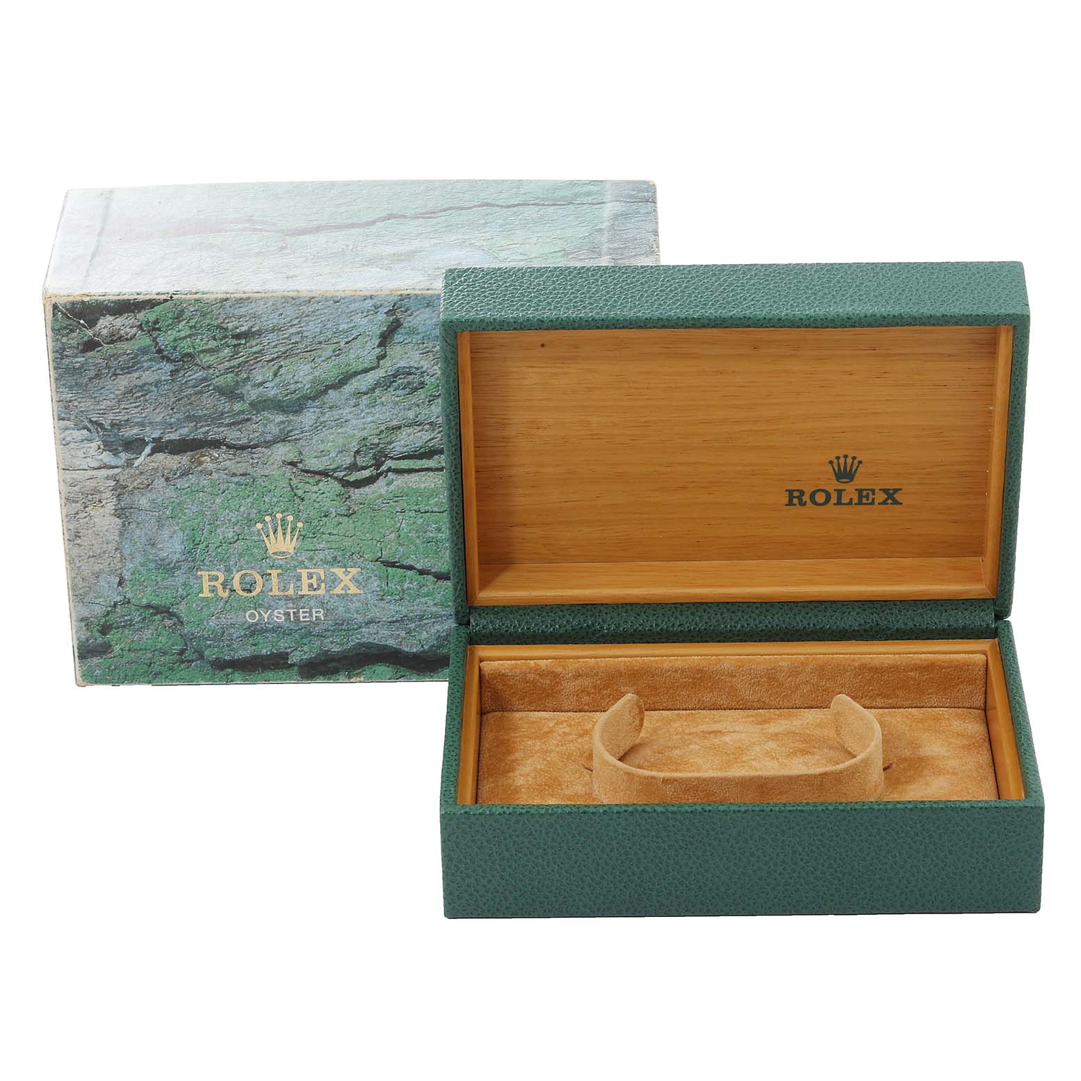 The image shows an open green Rolex box with both inner and outer packaging for the Rolex Datejust 16233 Men's Steel and Gold (two tone) Beige Dial 16233 Men's Steel and Gold (two tone) Beige Dial model.