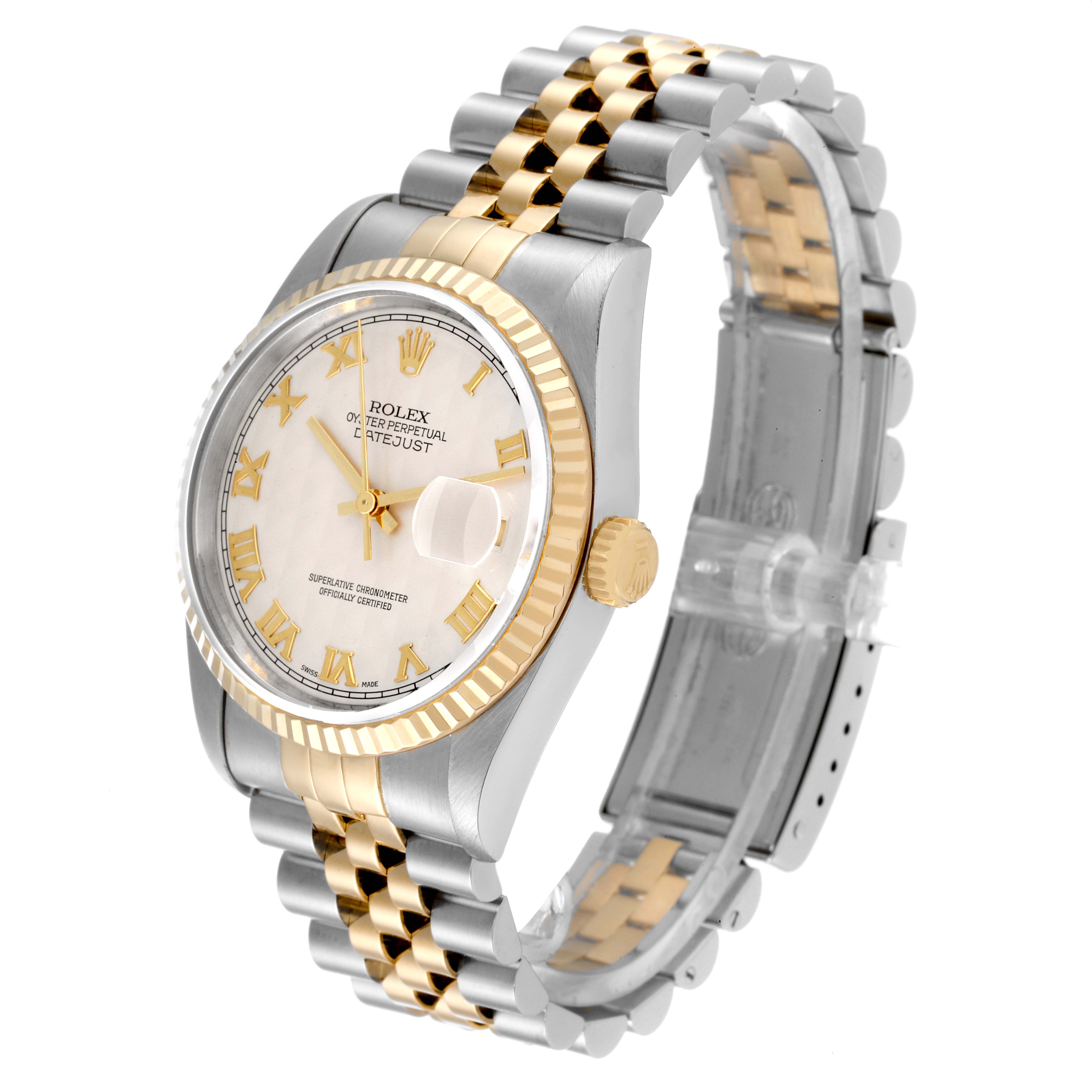 The Rolex Datejust 16233 Men's Steel and Gold (two tone) Beige Dial 16233 Men's Steel and Gold (two tone) Beige Dial watch is angled showing the dial, fluted gold bezel, crown, and two-tone gold and steel bracelet.