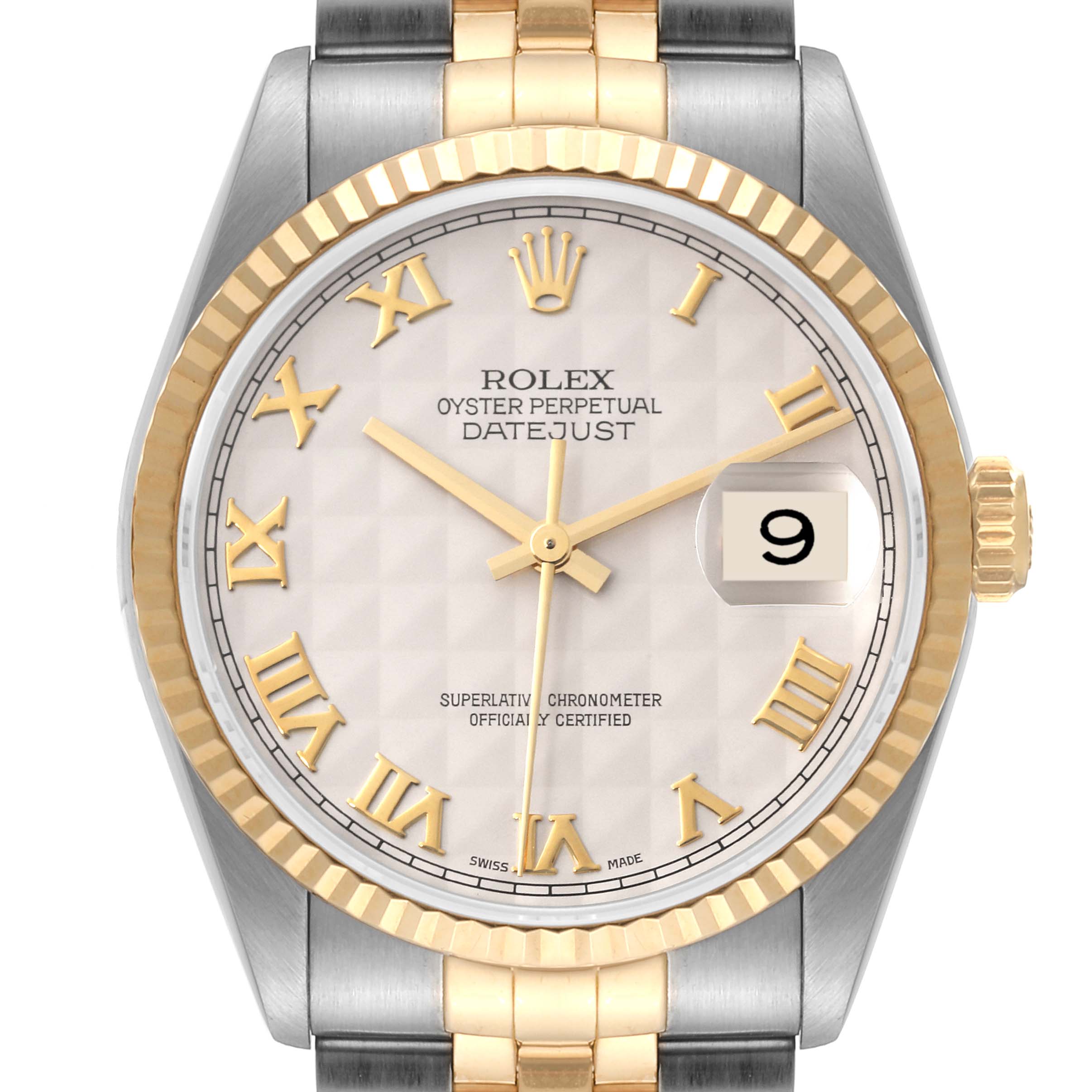 The image shows a frontal view of a Rolex Datejust 16233 Men's Steel and Gold (two tone) Beige Dial 16233 Men's Steel and Gold (two tone) Beige Dial watch, displaying the dial, Roman numerals, date window, and part of the bracelet.