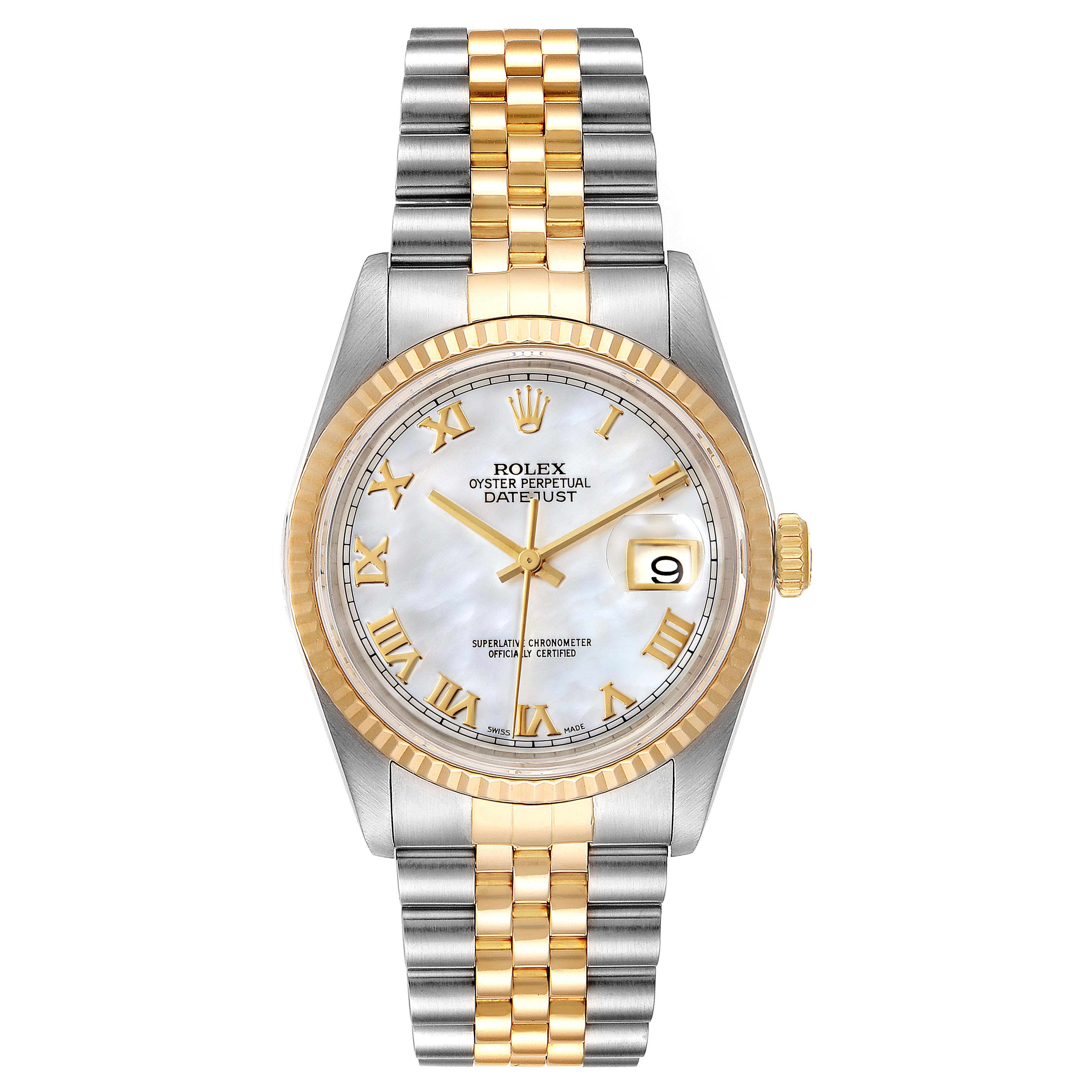 Front view of a Rolex Datejust 16233 Men
s Steel and Gold (two tone) Mother of Pearl Dial 16233 Men
s Steel and Gold (two tone) Mother of Pearl Dial watch showing its face, dial, fluted bezel, and jubilee bracelet.