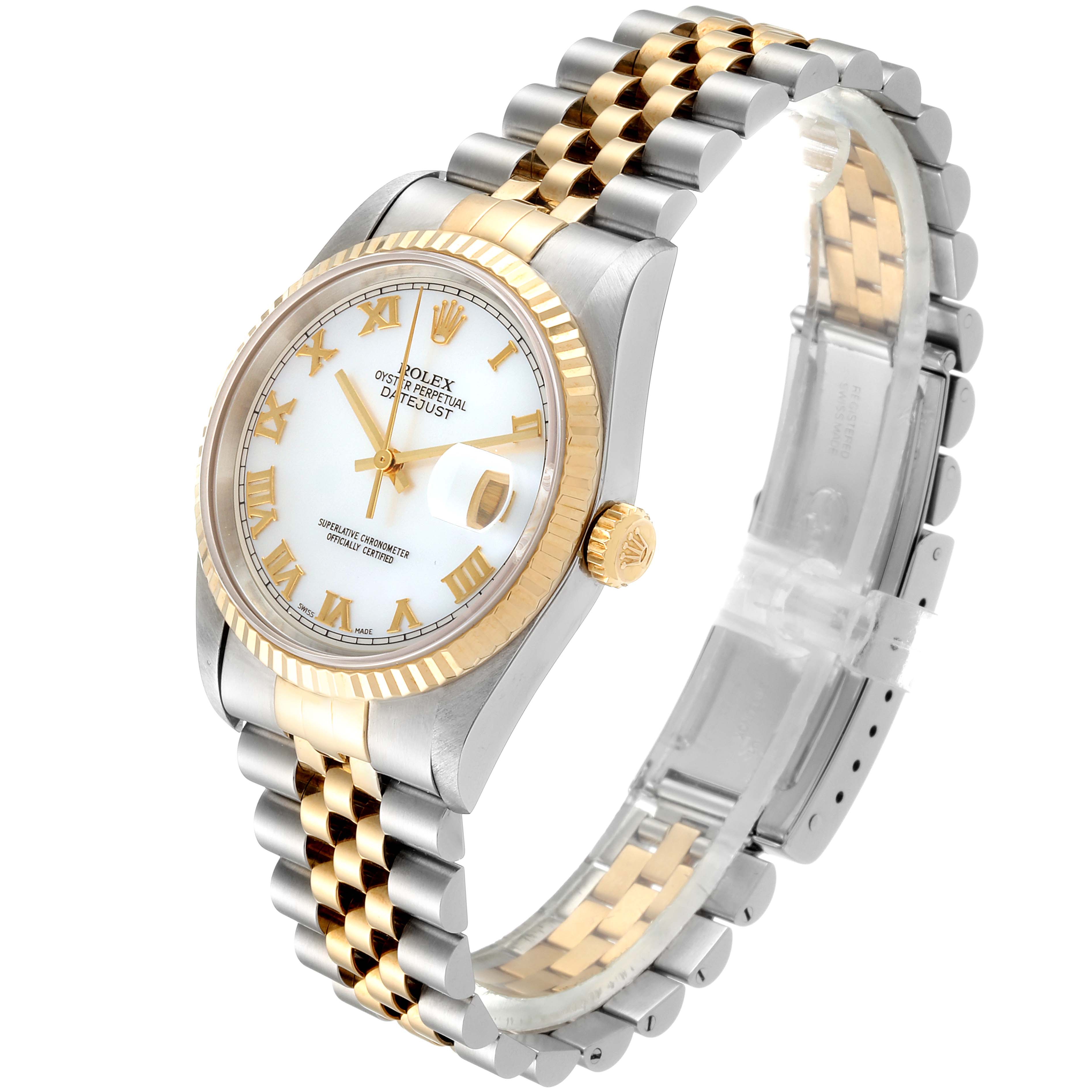This image shows a Rolex Datejust 16233 Men
s Steel and Gold (two tone) Mother of Pearl Dial 16233 Men
s Steel and Gold (two tone) Mother of Pearl Dial watch in a three-quarters view, featuring a two-tone bracelet and gold bezel with a white dial.