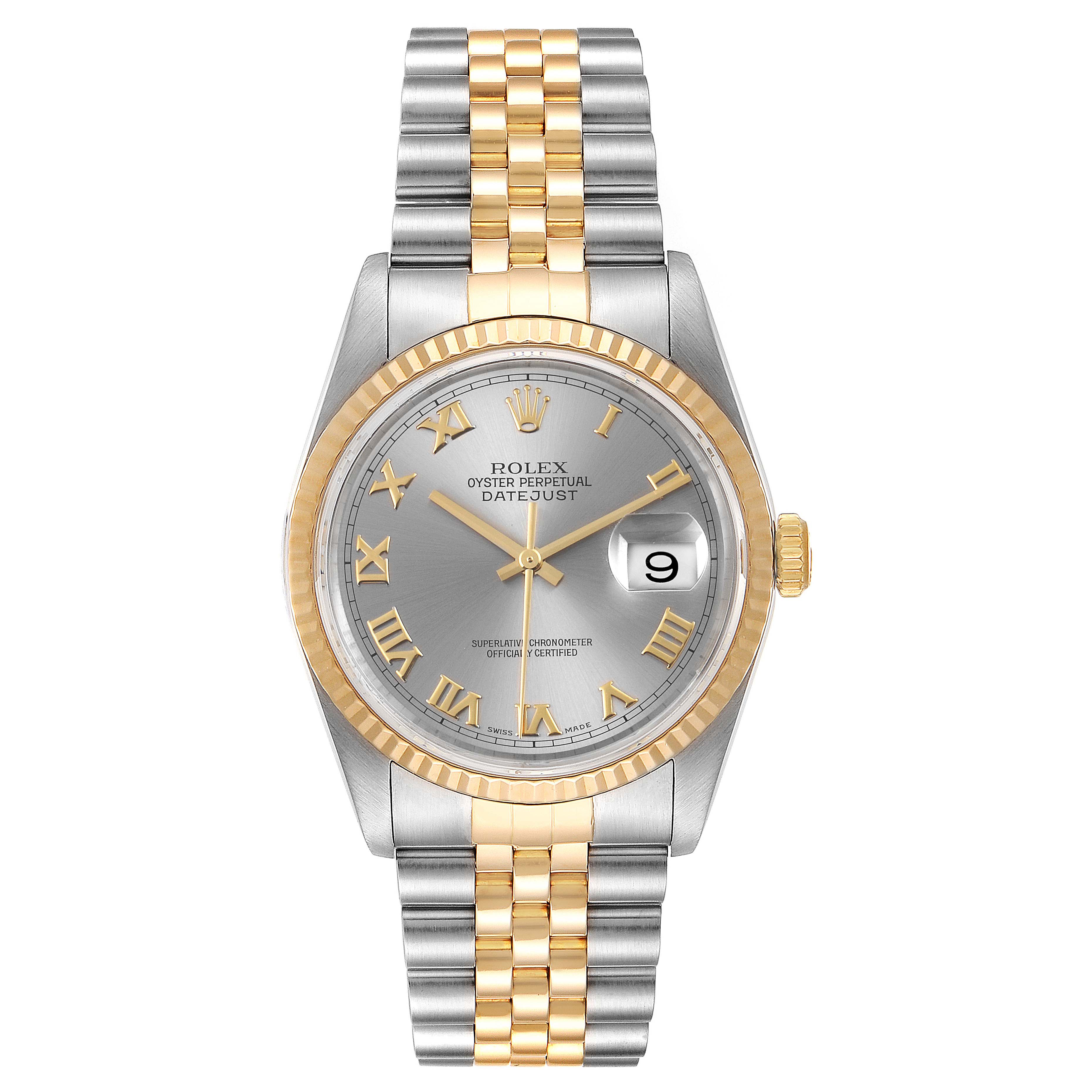 This Rolex Datejust 16233 Men
s Stainless Steel Grey Dial 16233 Men
s Stainless Steel Grey Dial watch is shown from a front angle, displaying the face, bezel, and two-tone bracelet.