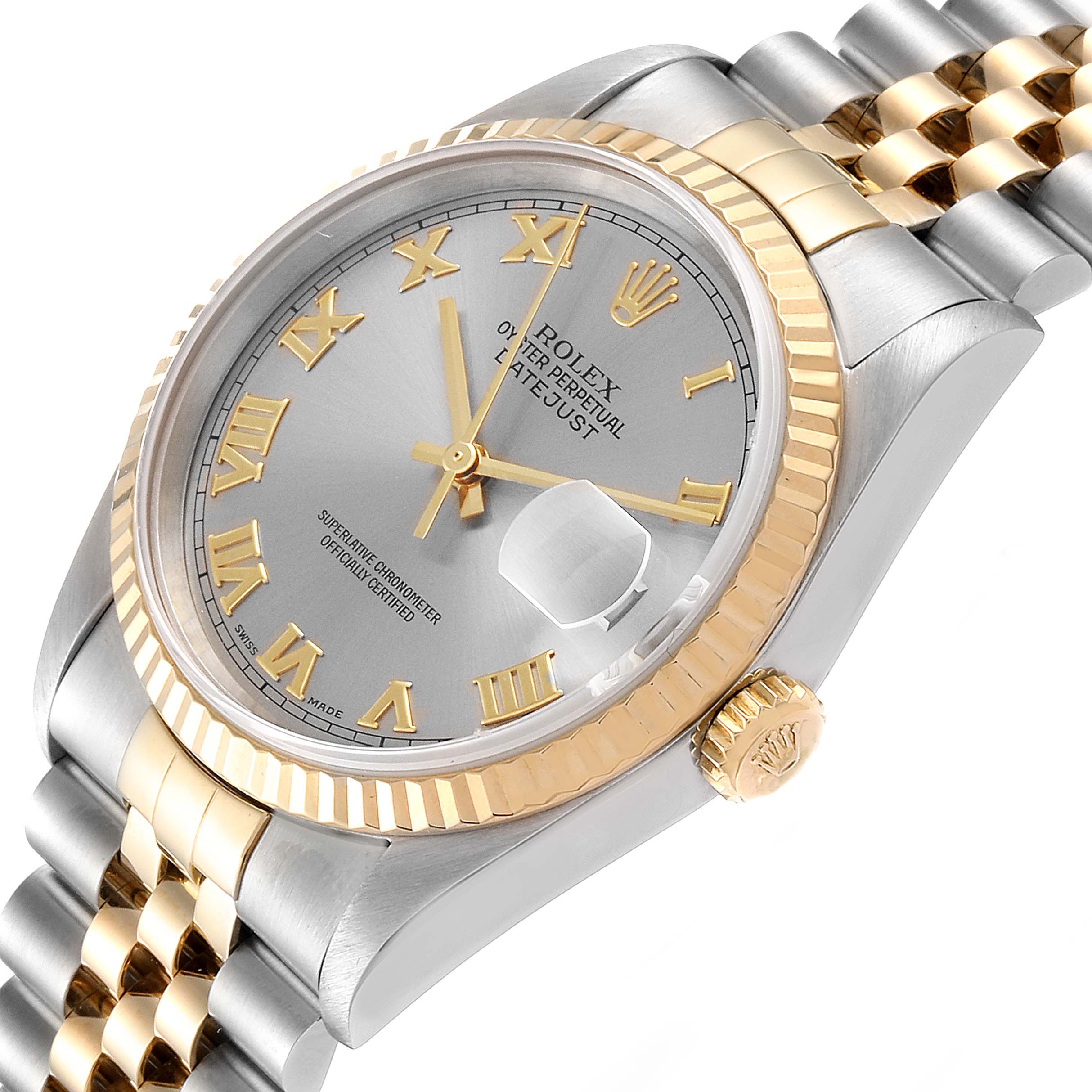 This image shows a close-up of the Rolex Datejust 16233 Men
s Stainless Steel Grey Dial 16233 Men
s Stainless Steel Grey Dial watch, highlighting the dial, bezel, crown, and part of the Jubilee bracelet.