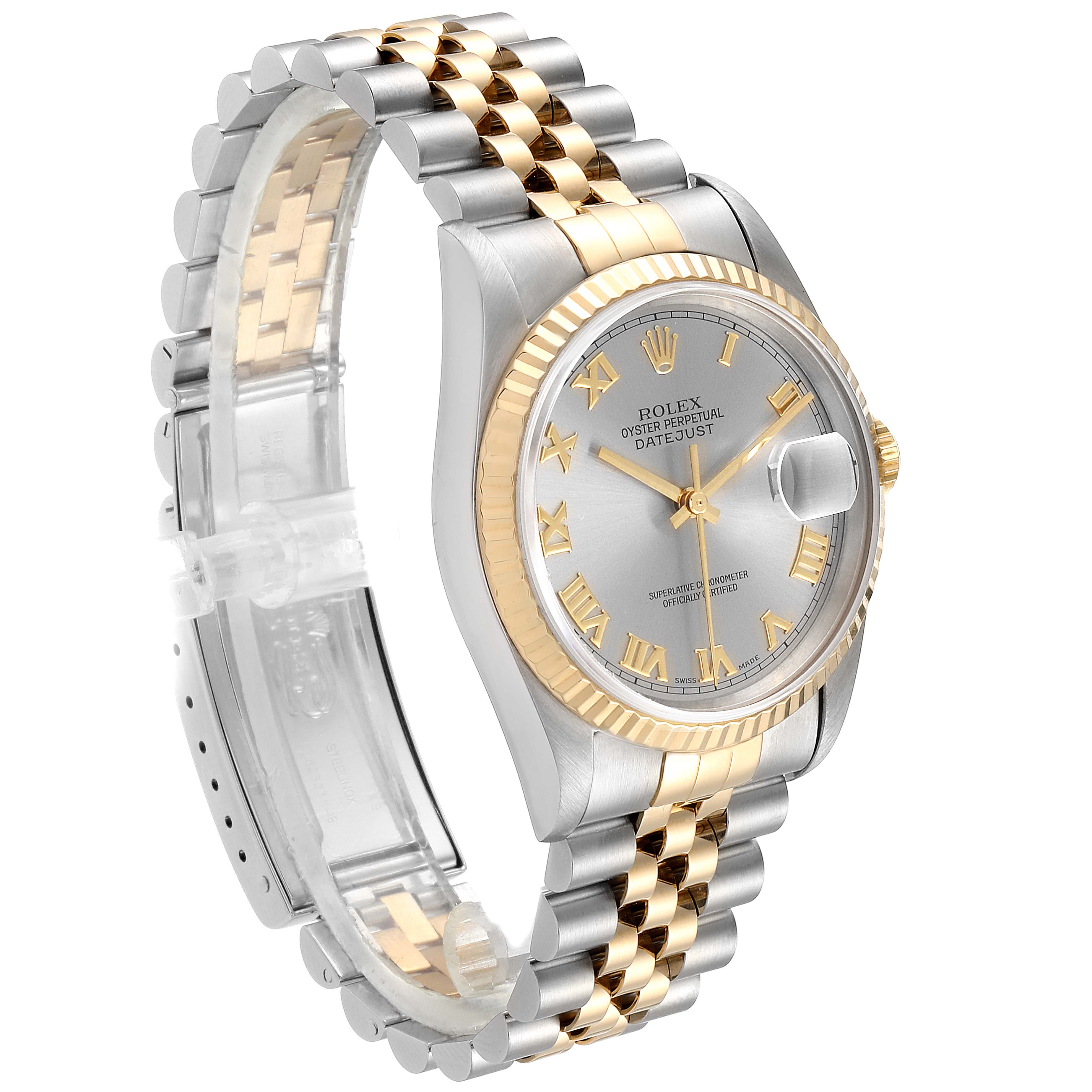 The image shows a Rolex Datejust 16233 Men
s Stainless Steel Grey Dial 16233 Men
s Stainless Steel Grey Dial watch at an angled view, highlighting its two-tone band, fluted bezel, and silver dial with gold Roman numerals.