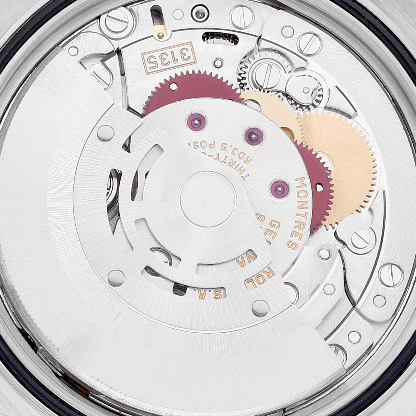 This is a close-up view of the movement mechanism of a Rolex Datejust 16233 Men's Steel and Gold (two tone) Blue Dial 16233 Men's Steel and Gold (two tone) Blue Dial watch.