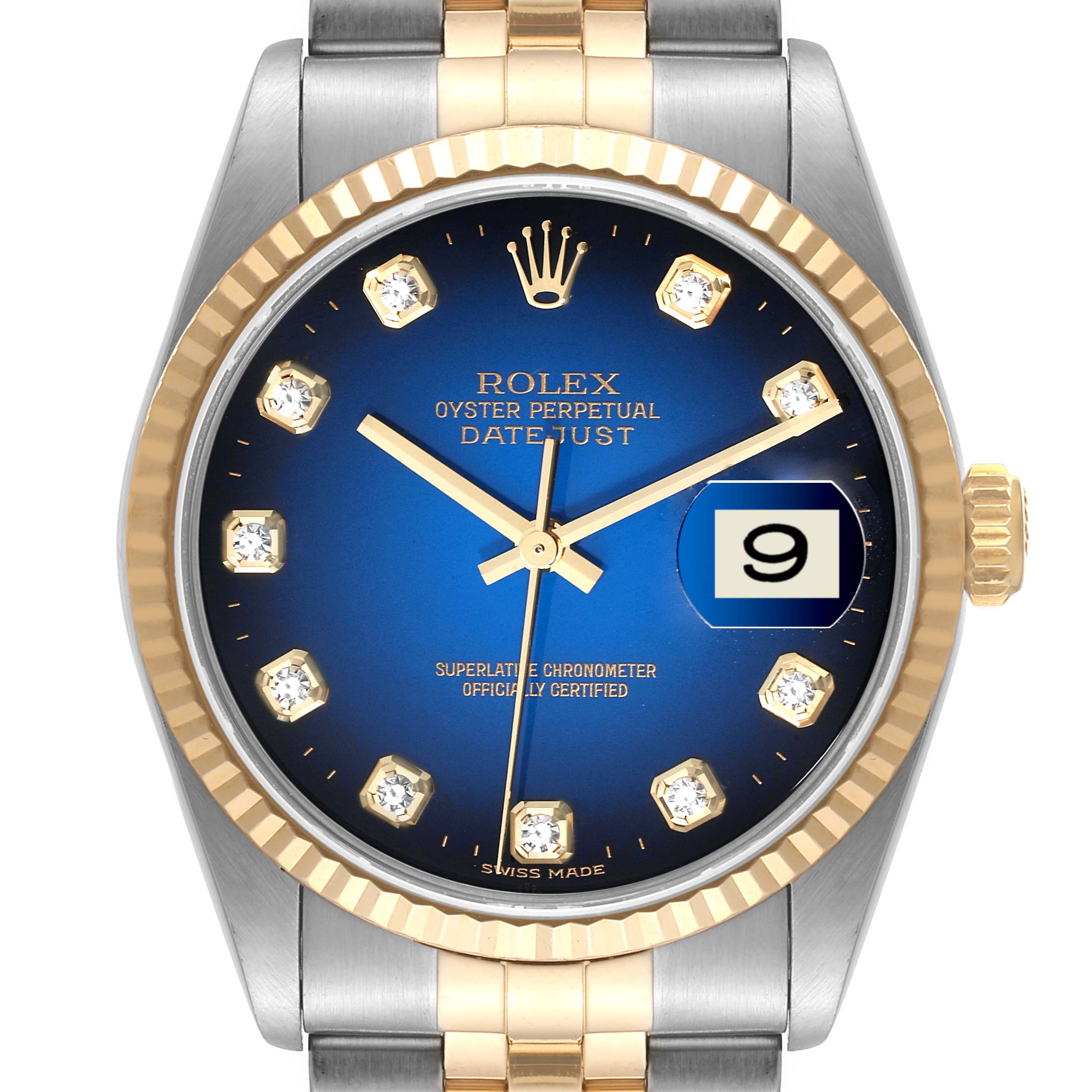 The image shows a front view of the Rolex Datejust 16233 Men's Steel and Gold (two tone) Blue Dial 16233 Men's Steel and Gold (two tone) Blue Dial, highlighting its blue dial, gold bezel, and jubilee bracelet.