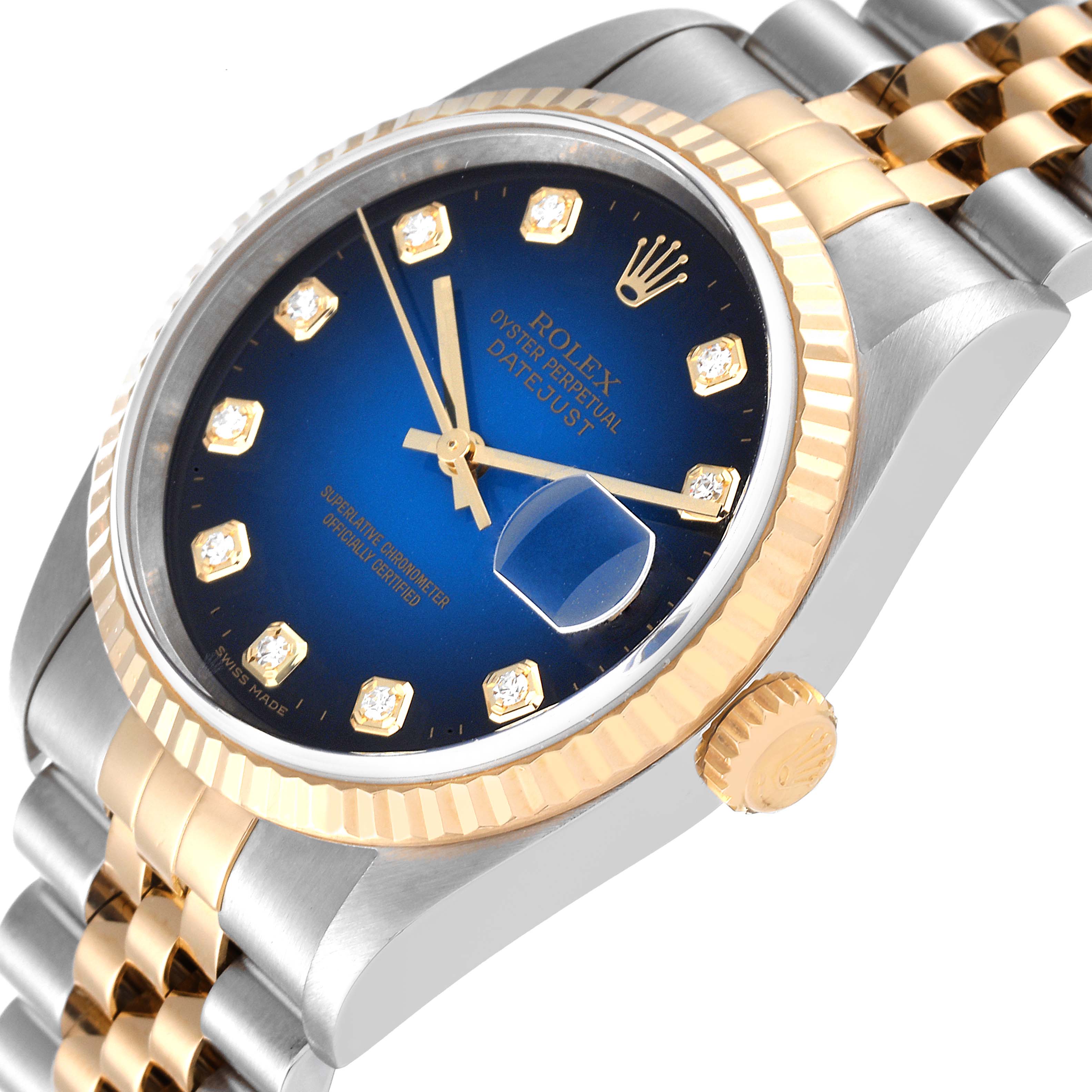 The image shows a close-up angle of a Rolex Datejust 16233 Men's Steel and Gold (two tone) Blue Dial 16233 Men's Steel and Gold (two tone) Blue Dial's dial, bezel, crown, and part of its two-tone bracelet.