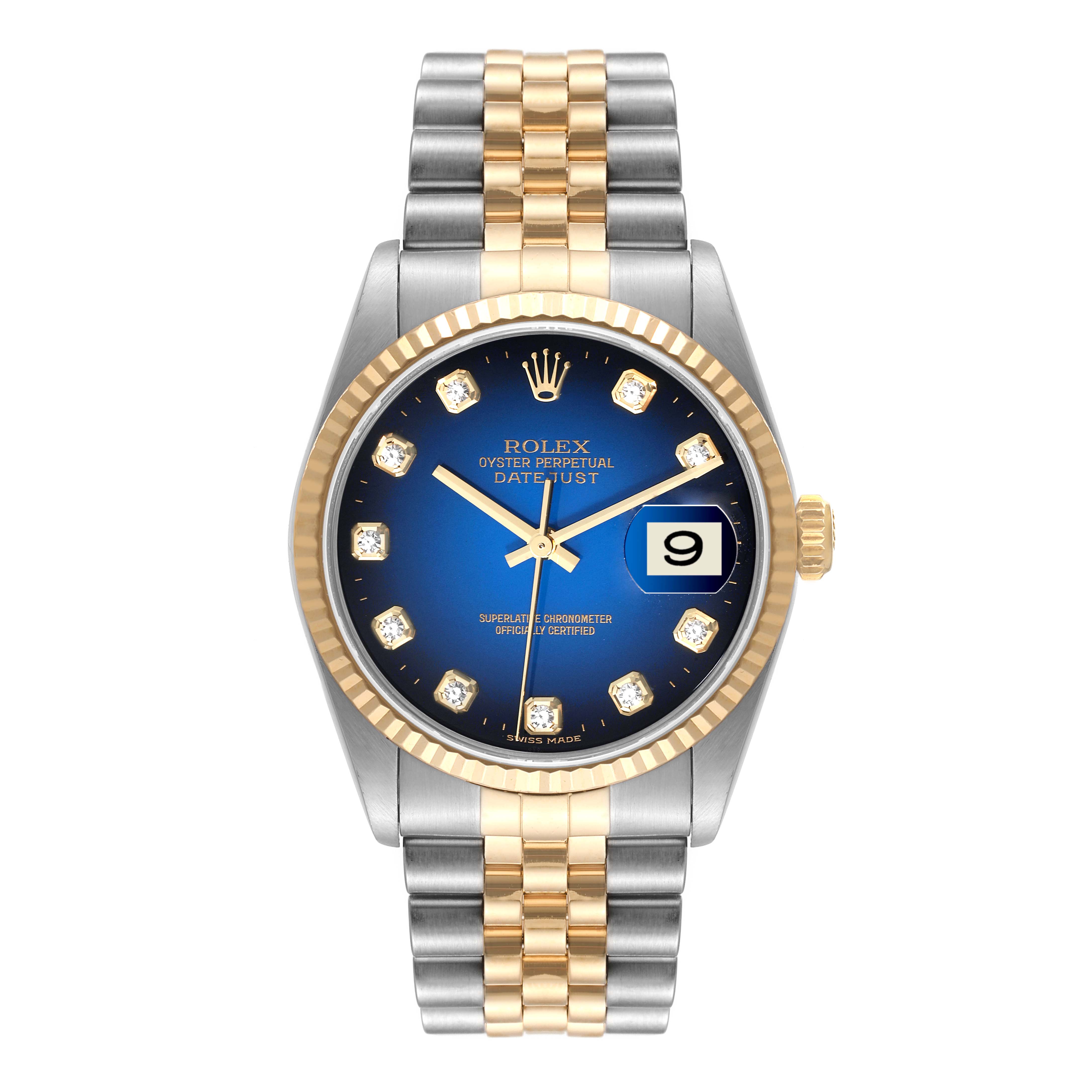 This image shows a frontal view of a Rolex Datejust 16233 Men's Steel and Gold (two tone) Blue Dial 16233 Men's Steel and Gold (two tone) Blue Dial watch featuring a two-tone metal bracelet and a blue dial with diamond hour markers.