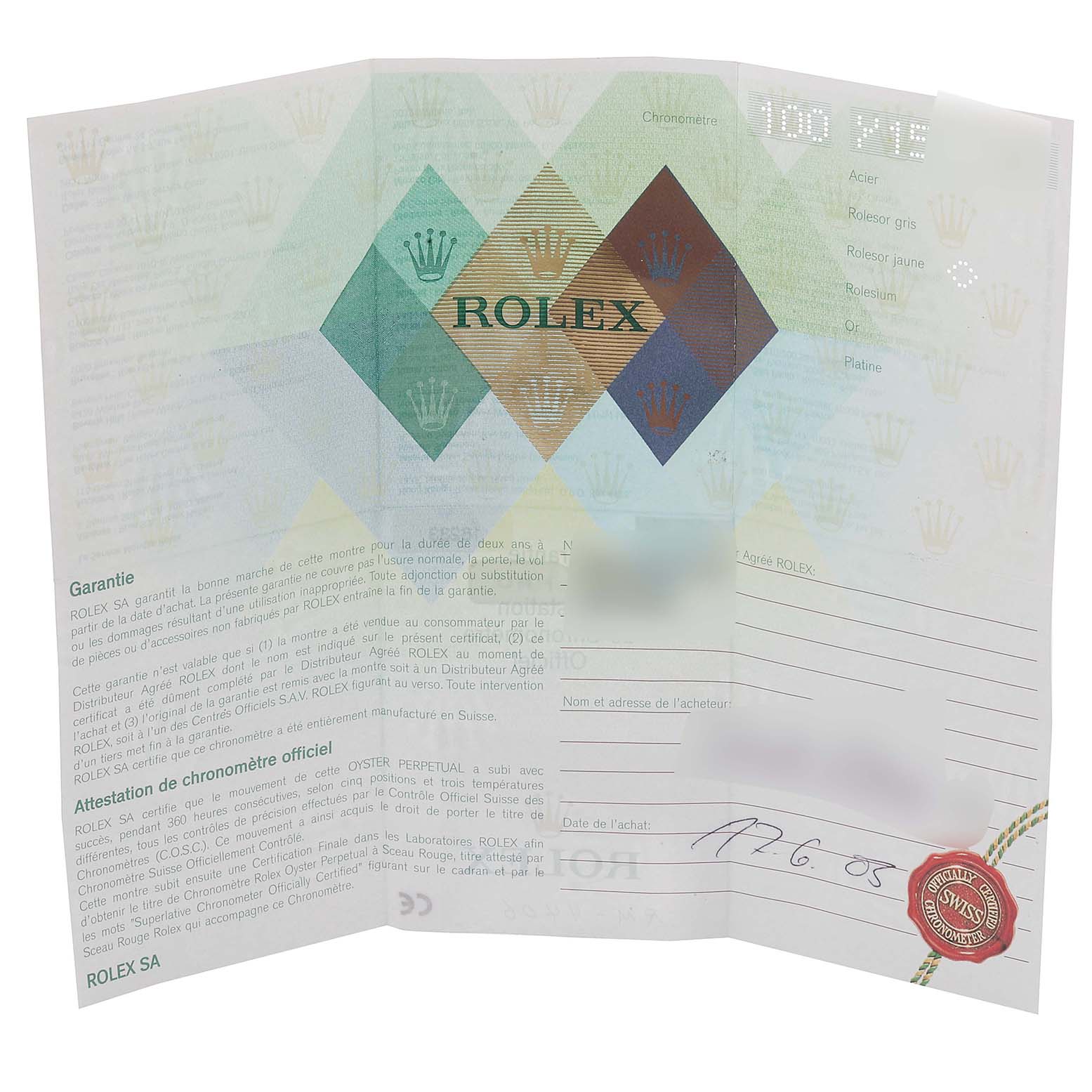 The image shows the warranty card for a Rolex Datejust 16233 Men's Steel and Gold (two tone) Blue Dial 16233 Men's Steel and Gold (two tone) Blue Dial watch.