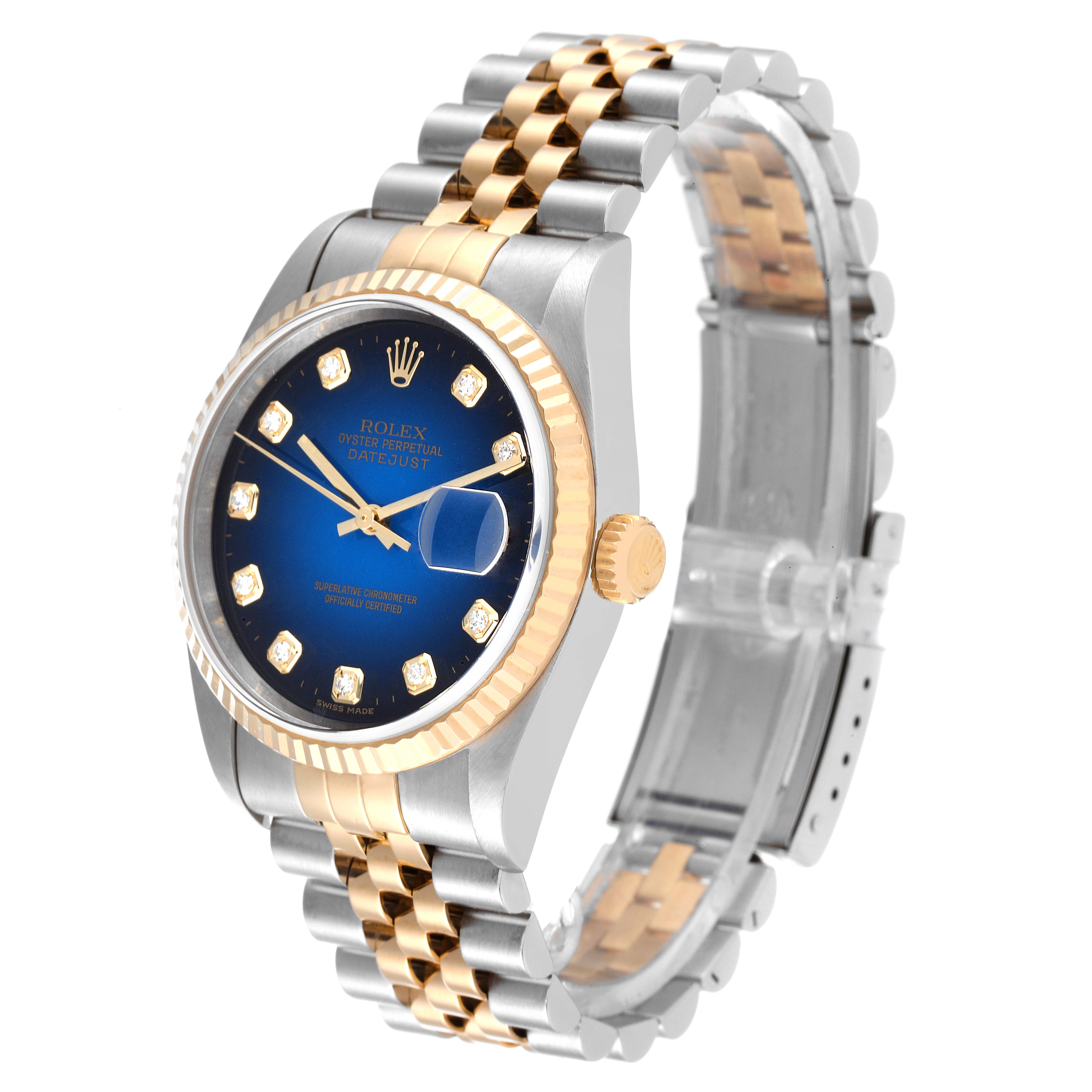 The Rolex Datejust 16233 Men's Steel and Gold (two tone) Blue Dial 16233 Men's Steel and Gold (two tone) Blue Dial watch is shown at a 3/4 angle, displaying the dial, bezel, crown, and two-tone bracelet.