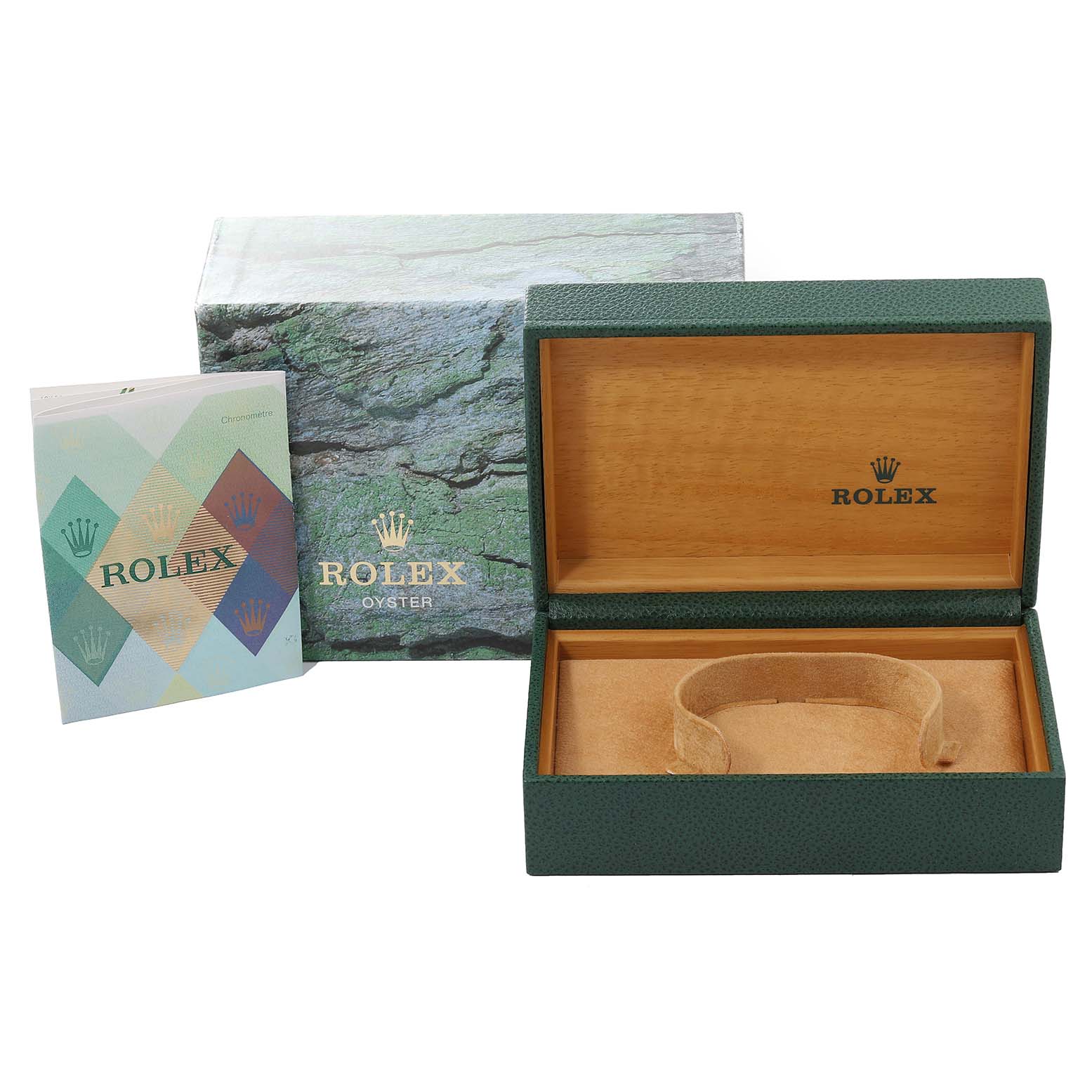 The image shows a Rolex Datejust 16233 Men's Steel and Gold (two tone) Blue Dial 16233 Men's Steel and Gold (two tone) Blue Dial packaging set including an open watch box, an outer box, and a booklet.