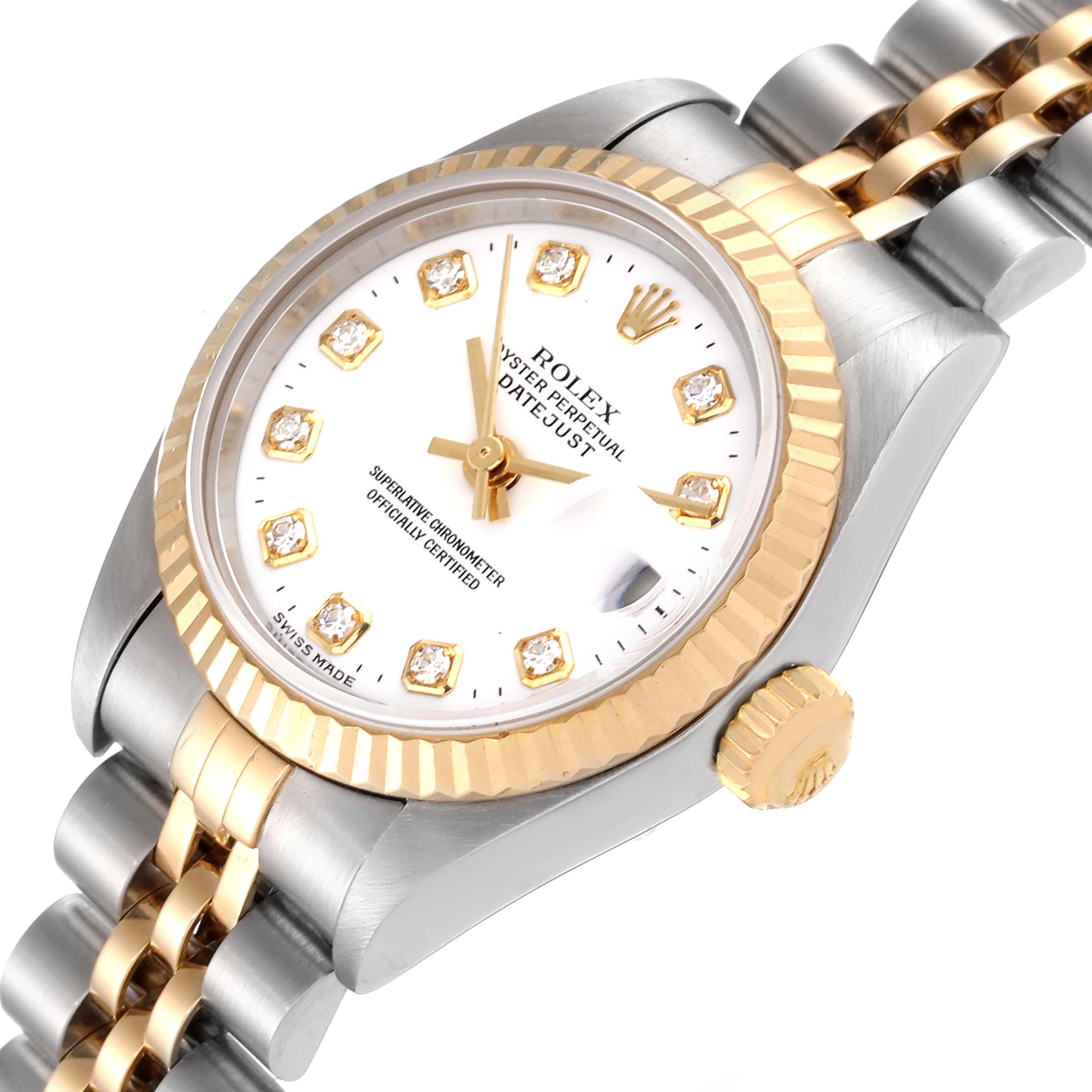 The image shows a close-up, angled view of a Rolex Datejust 79173 Women's Steel and Gold (two tone) White Dial 79173 Women's Steel and Gold (two tone) White Dial watch highlighting its face, dial, crown, and part of the bracelet.